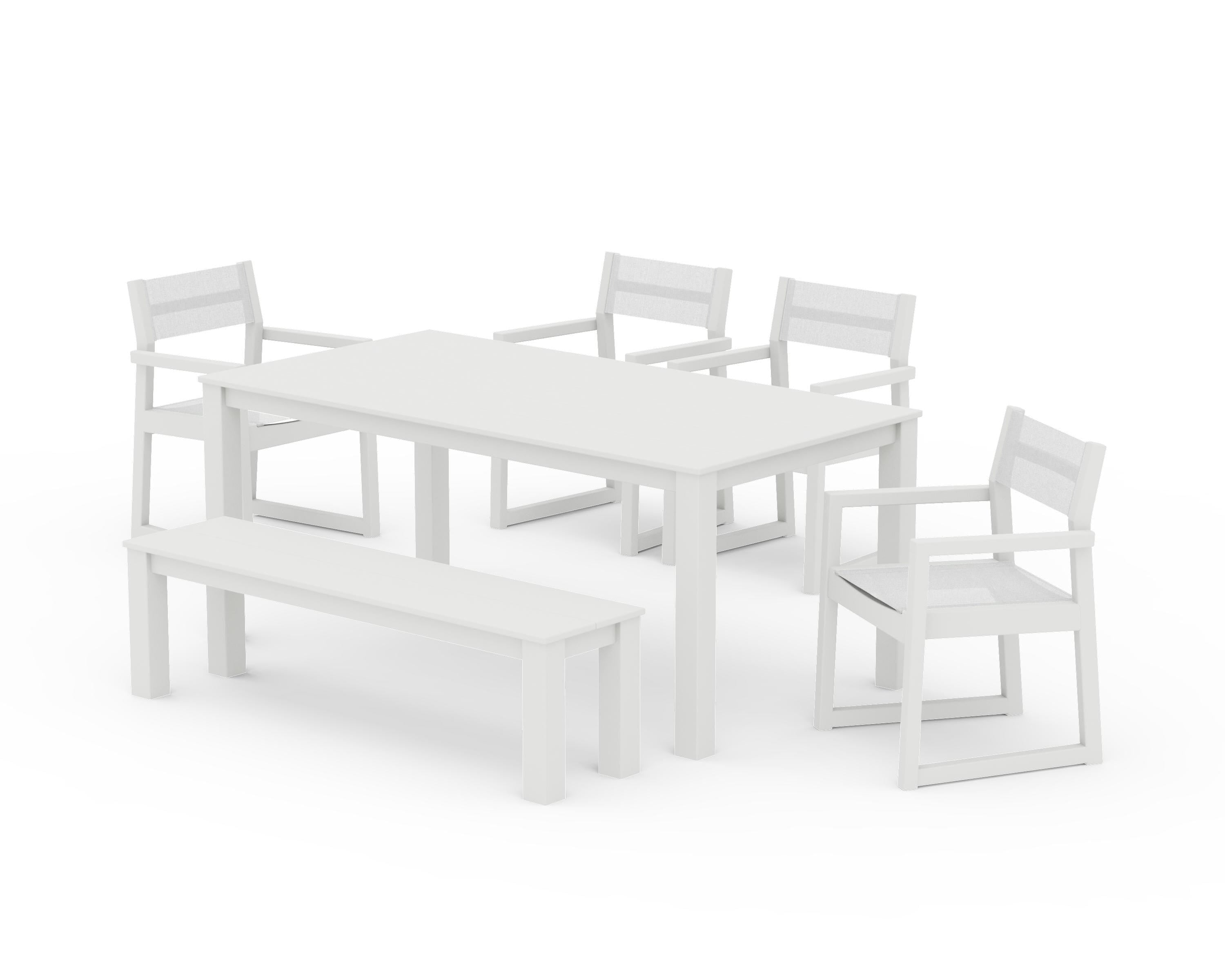 POLYWOOD EDGE Sling Arm Chair 6-Piece Parsons Dining Set with Bench in Vintage White / White Sling