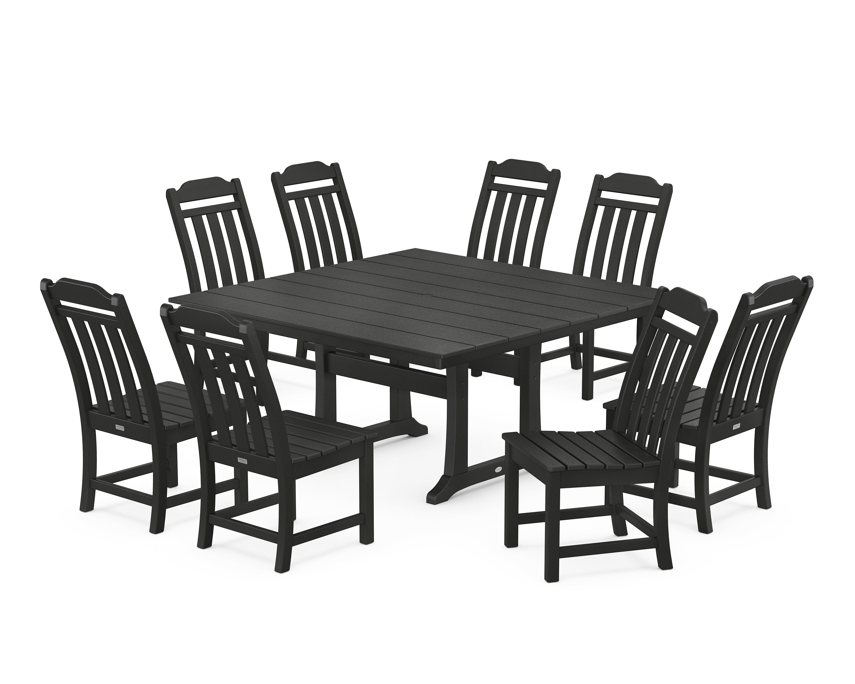 Polywood Country Living 9-Piece Square Farmhouse Side Chair Dining Set with Trestle Legs in Black