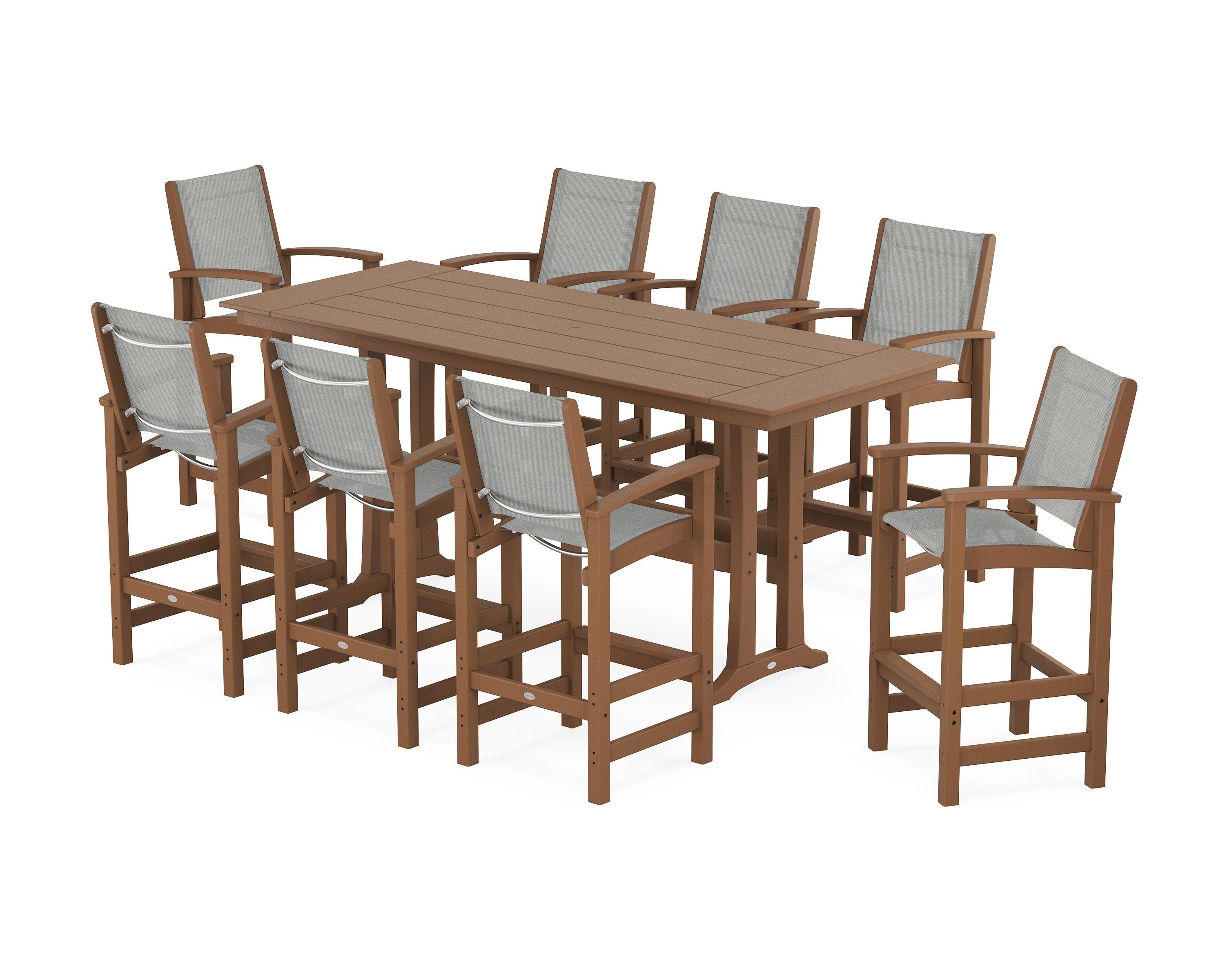 POLYWOOD Coastal 9-Piece Farmhouse Bar Set with Trestle Legs in Teak / Metallic Sling