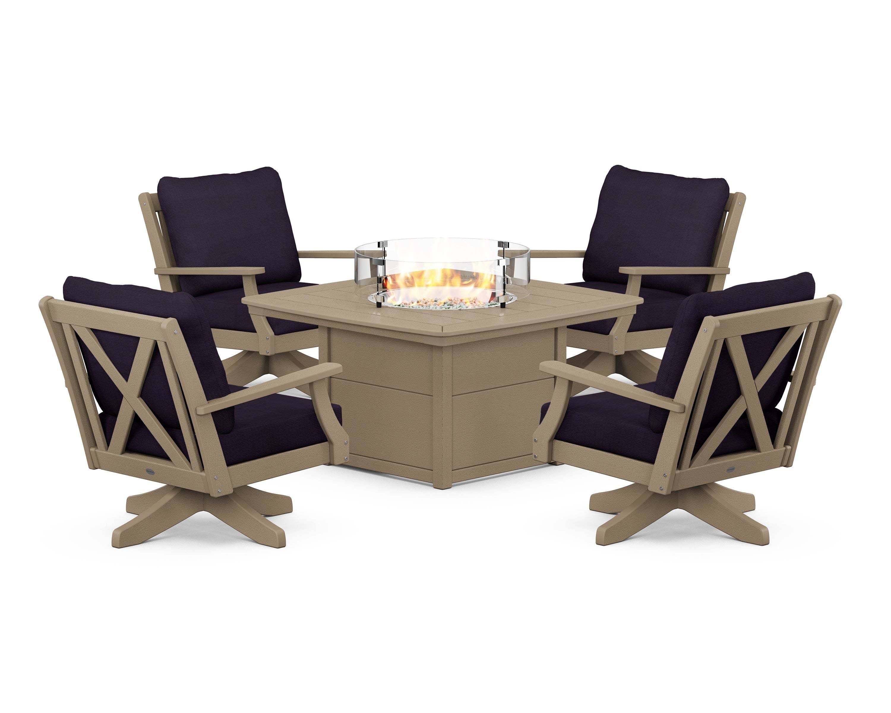 POLYWOOD Braxton 5-Piece Deep Seating Swivel Conversation Set with Fire Pit Table in Vintage Sahara / Navy Linen
