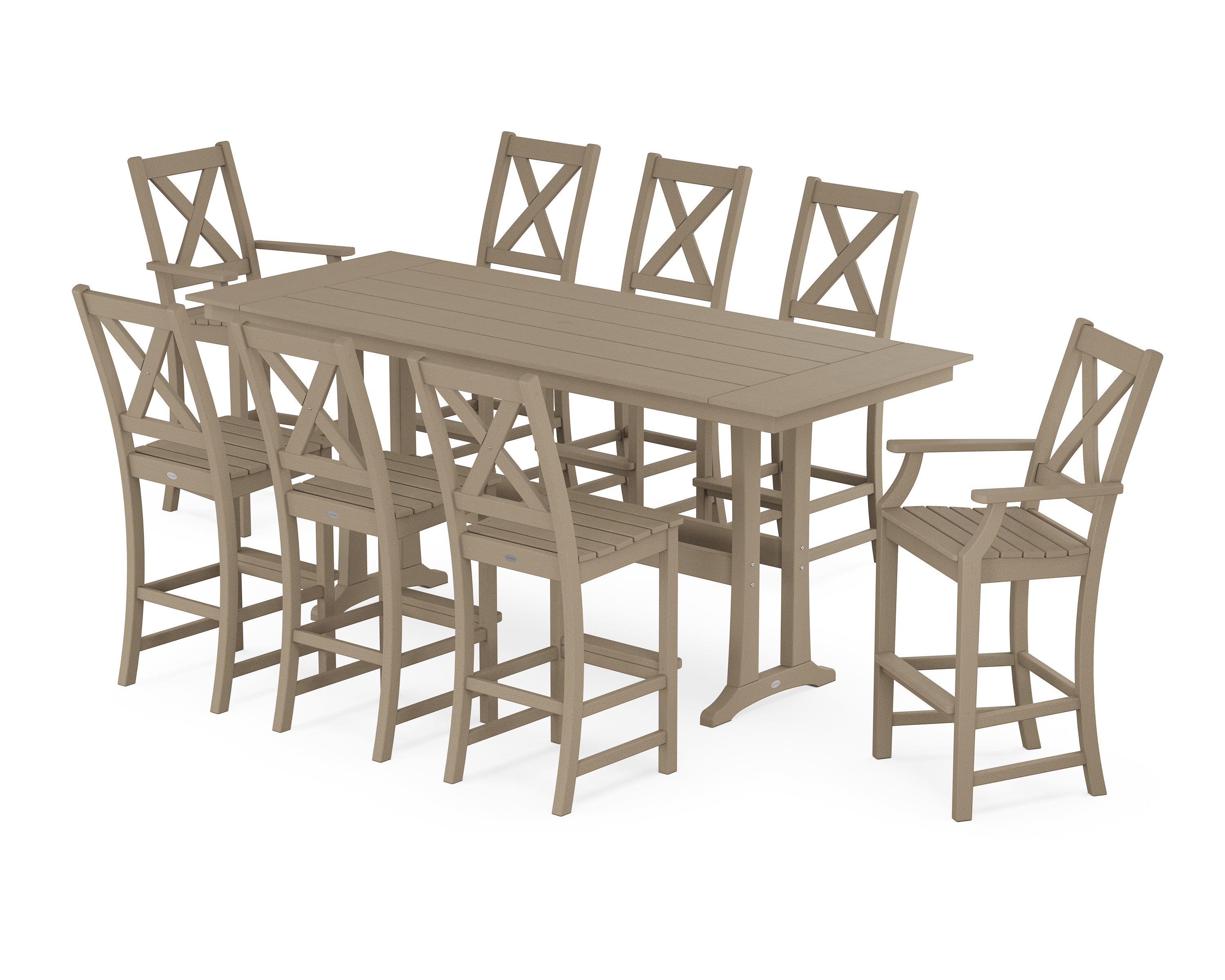 POLYWOOD Braxton 9-Piece Farmhouse Bar Set with Trestle Legs in Vintage Sahara