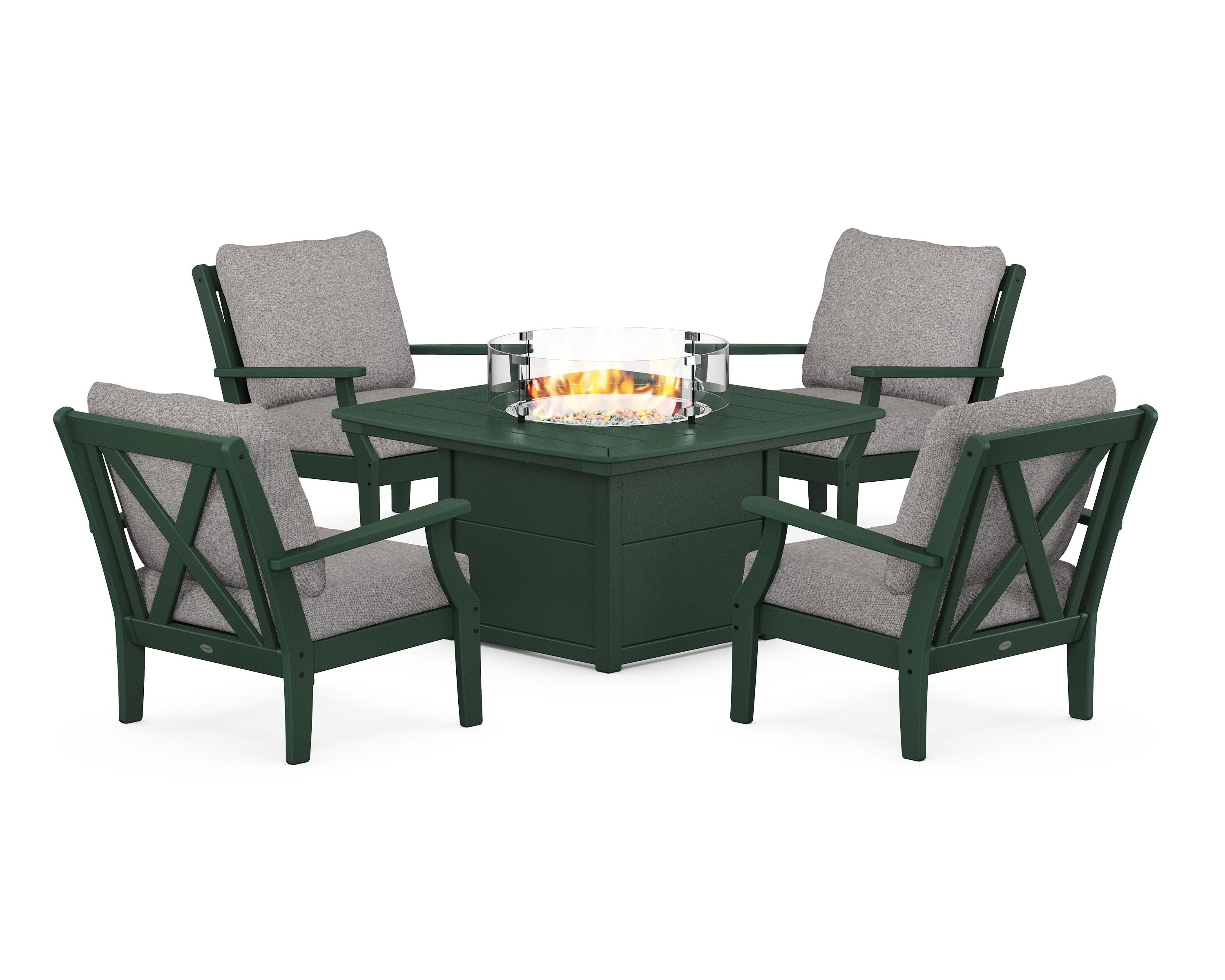 POLYWOOD Braxton 5-Piece Deep Seating Conversation Set with Fire Pit Table in Green / Grey Mist