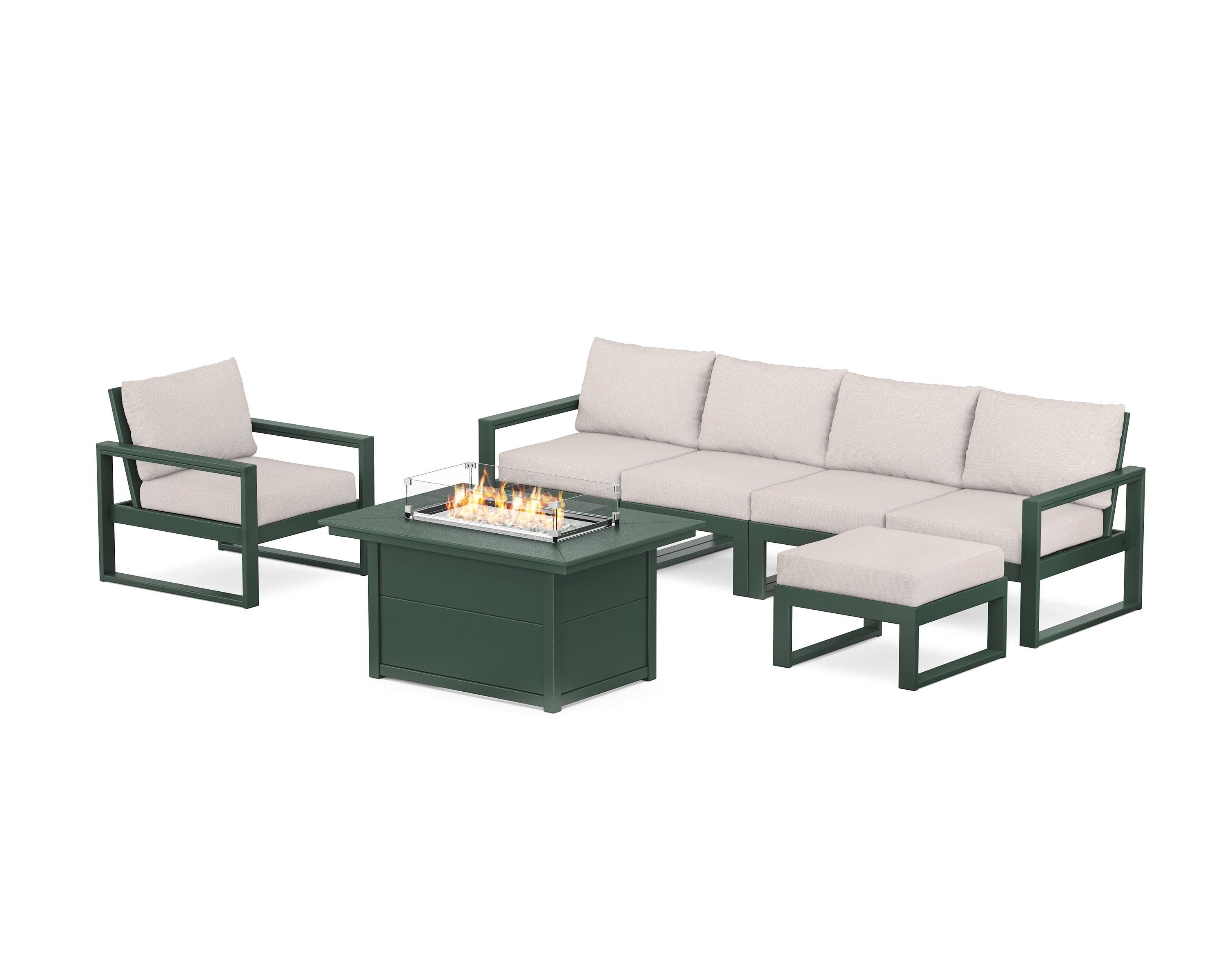 POLYWOOD EDGE Sectional Lounge and Fire Pit Set in Green / Dune Burlap