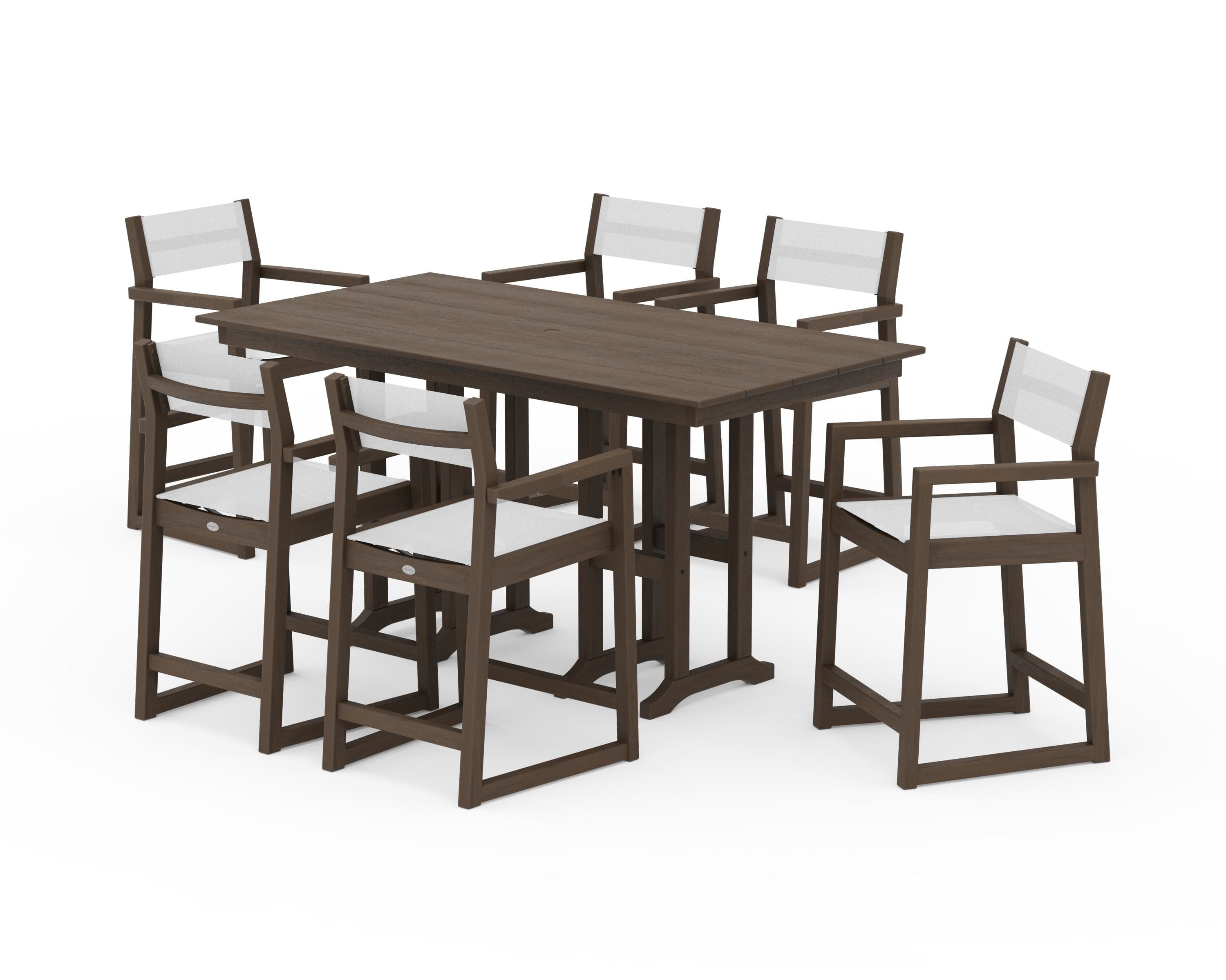 POLYWOOD EDGE Sling Arm Chair 7-Piece Farmhouse Counter Set in Kona / White Sling
