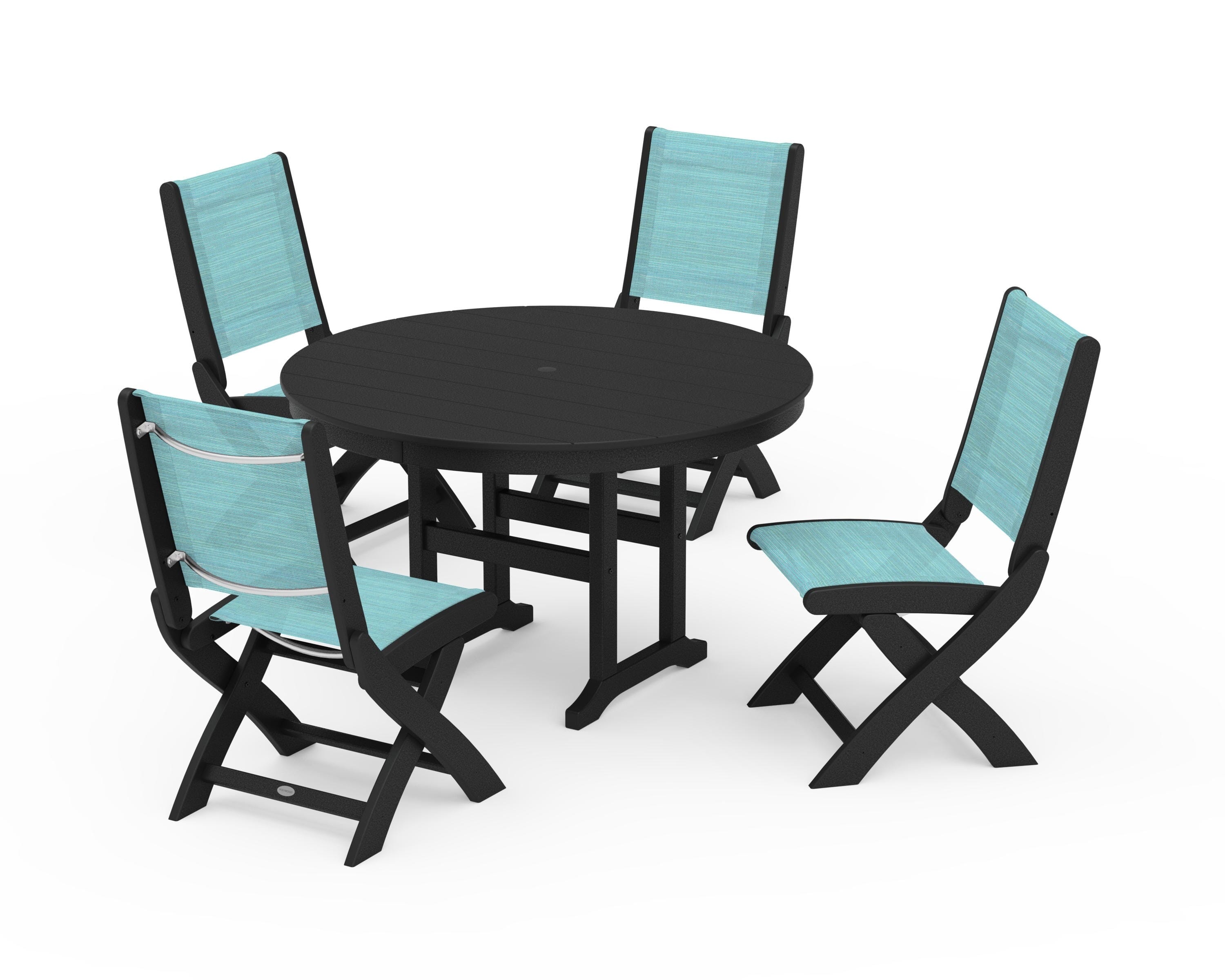 POLYWOOD Coastal Folding Side Chair 5-Piece Round Dining Set in Black / Dupioni Aquamarine Sling