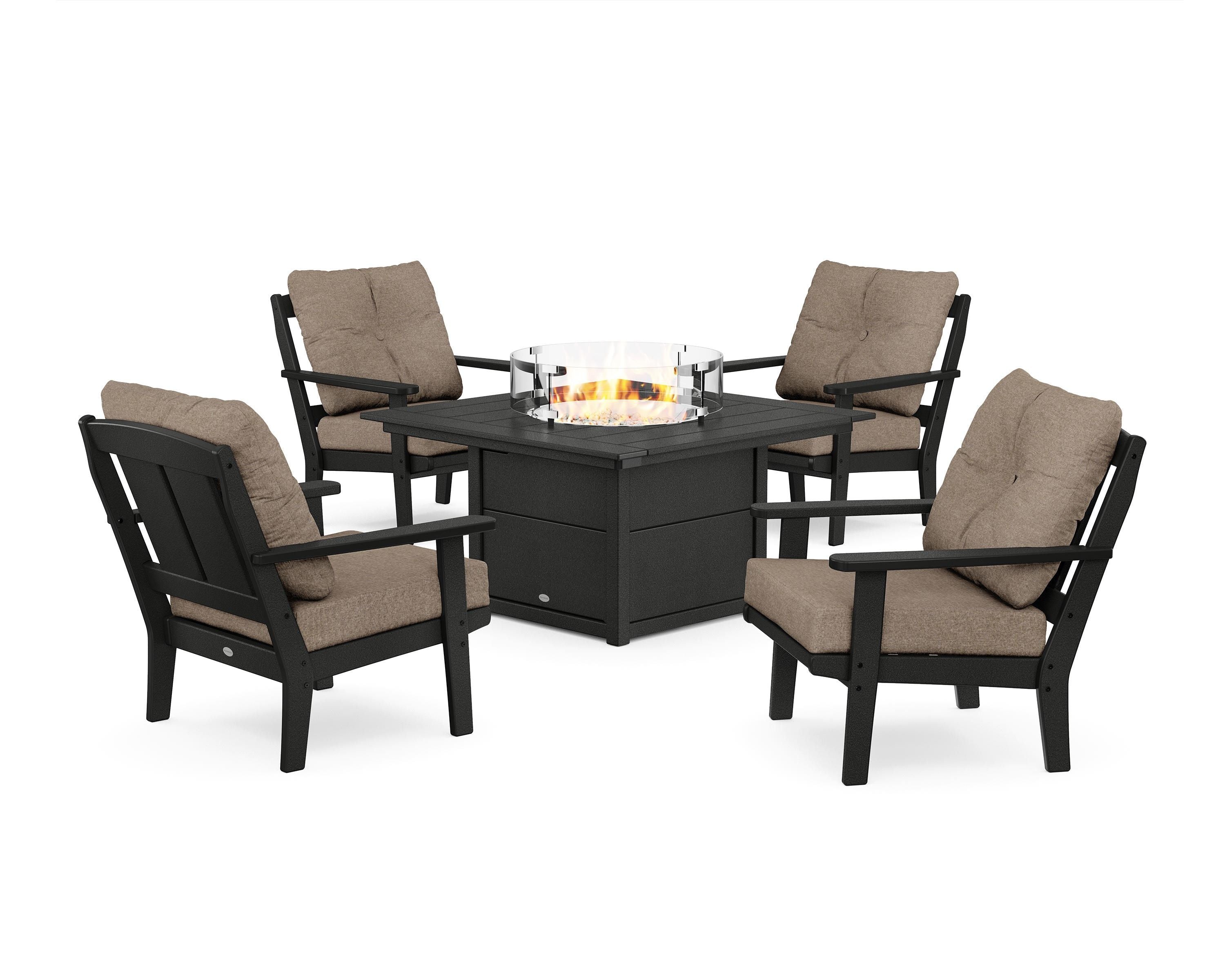 POLYWOOD Mission 5-Piece Deep Seating Set with Fire Pit Table in Black / Spiced Burlap