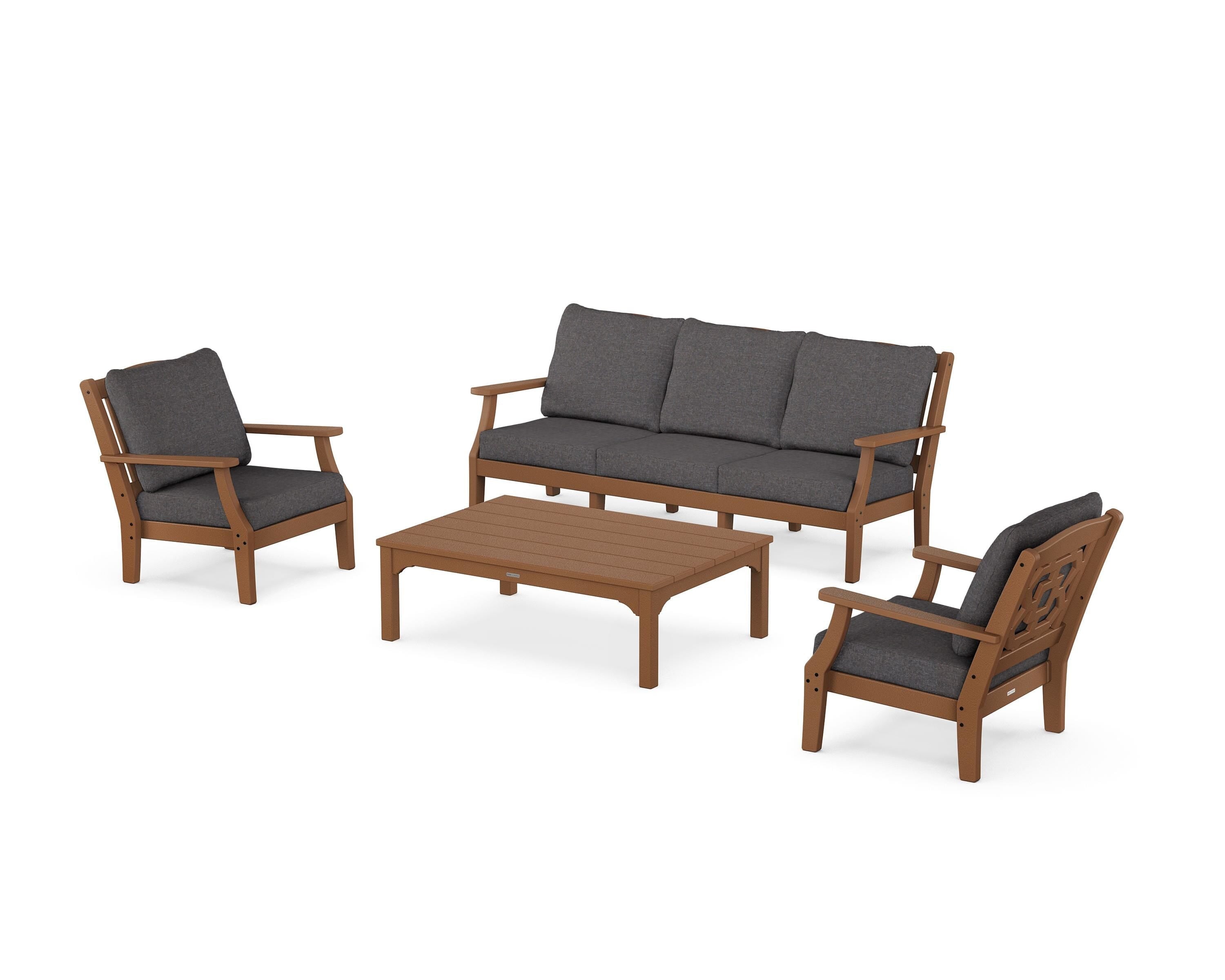 Martha Stewart by POLYWOOD Chinoiserie 4-Piece Deep Seating Set with Sofa in Teak / Ash Charcoal