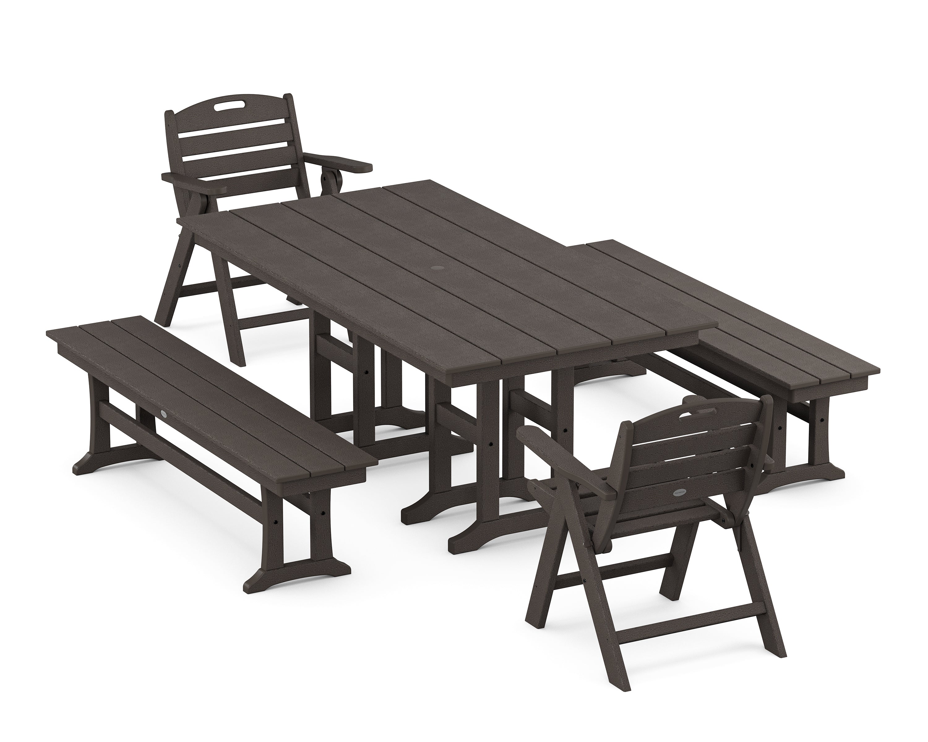 POLYWOOD Nautical Lowback 5-Piece Farmhouse Dining Set with Benches in Vintage Coffee