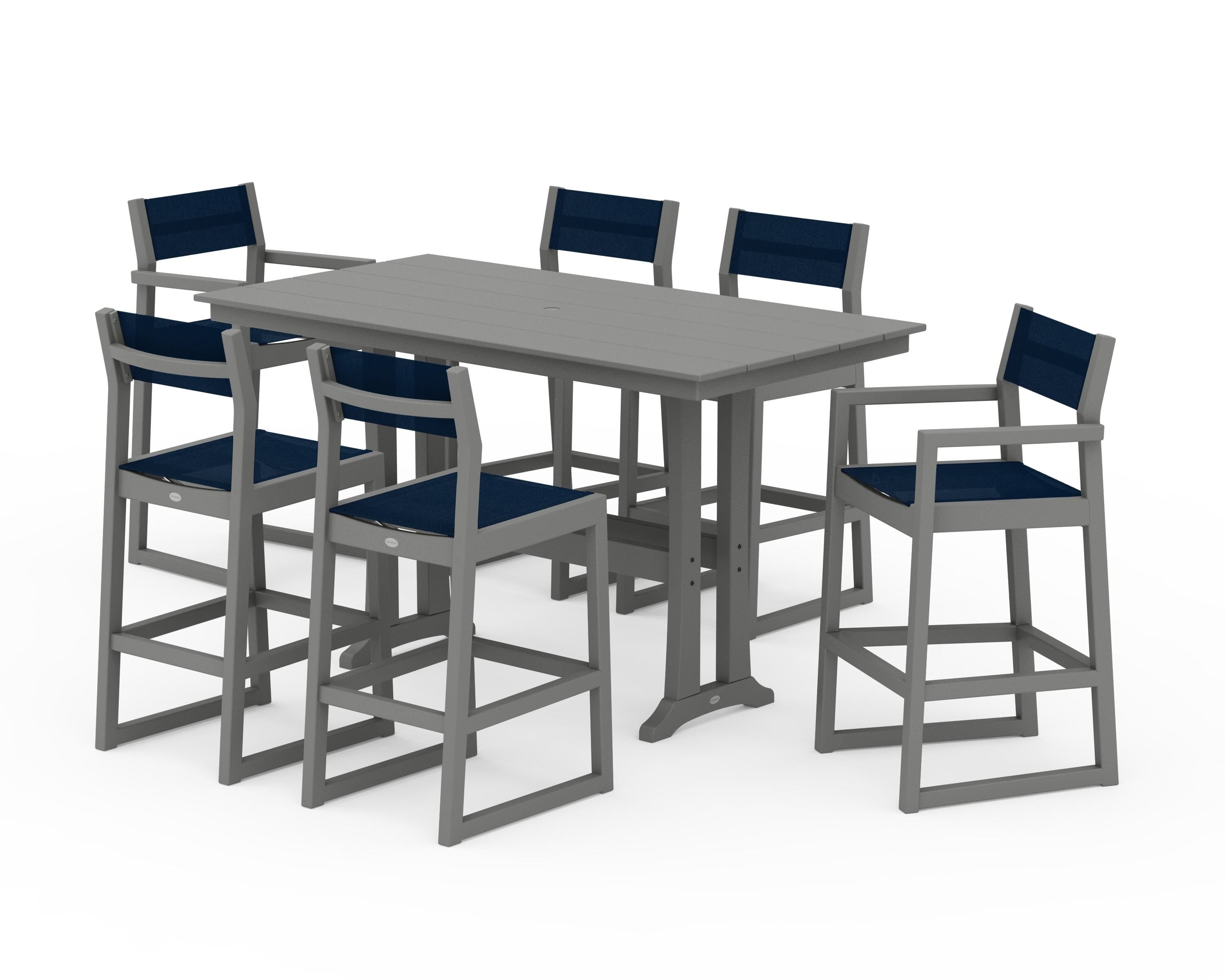 POLYWOOD EDGE Sling 7-Piece Farmhouse Bar Set with Trestle Legs in Slate Grey / Navy Blue Sling