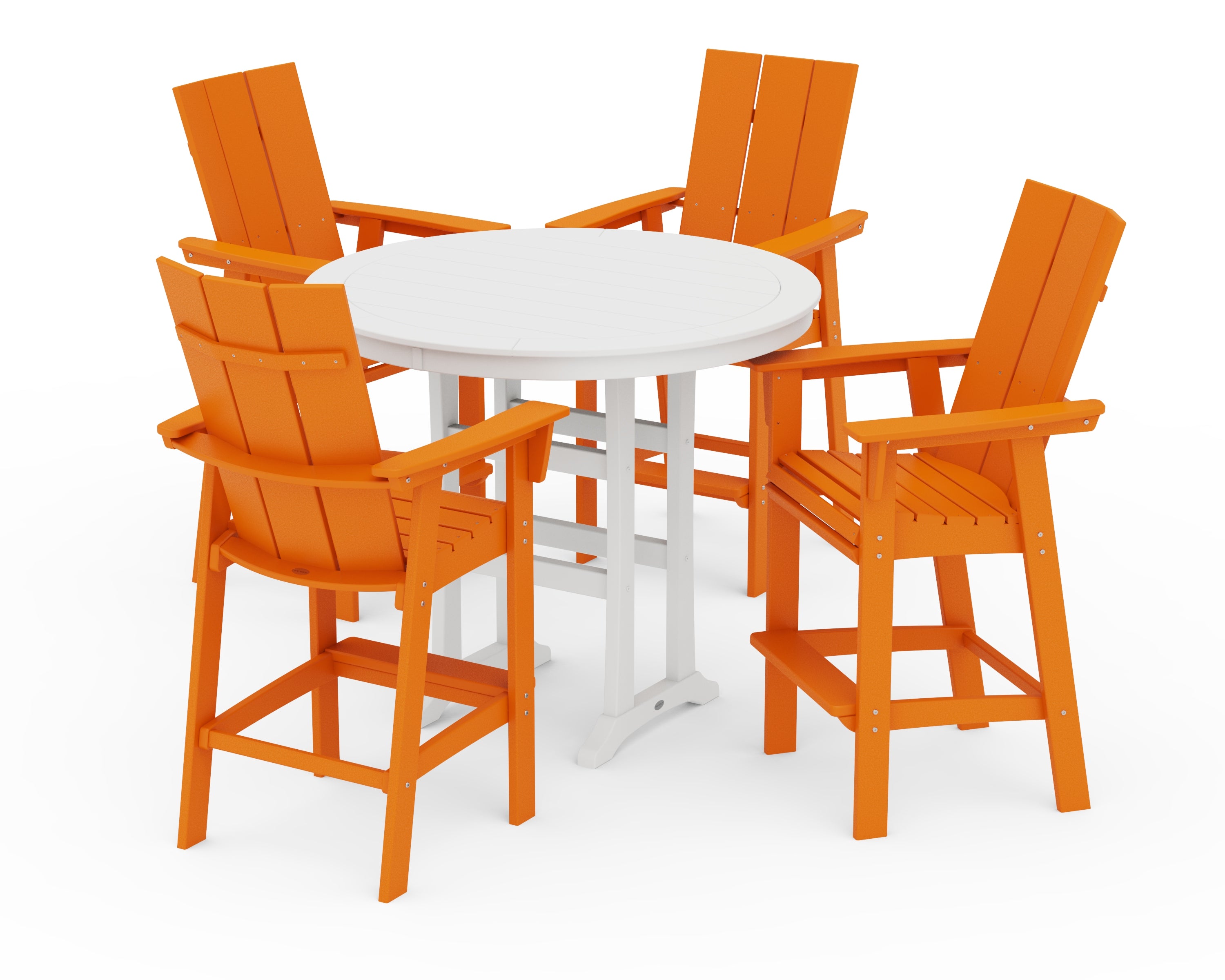 POLYWOOD Modern Curveback Adirondack 5-Piece Nautical Trestle Bar Set in Tangerine / White