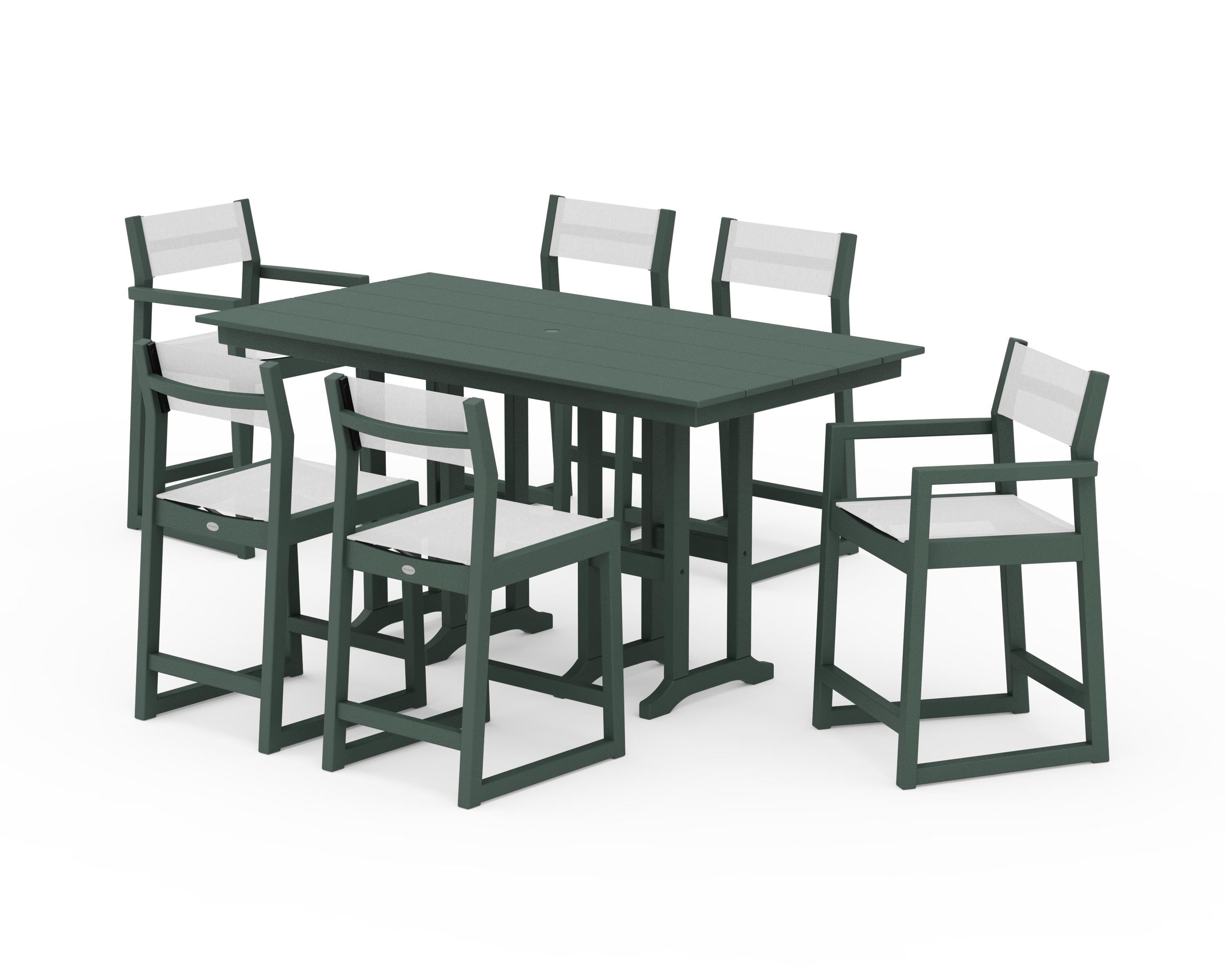 POLYWOOD EDGE Sling 7-Piece Farmhouse Counter Set in Green / White Sling