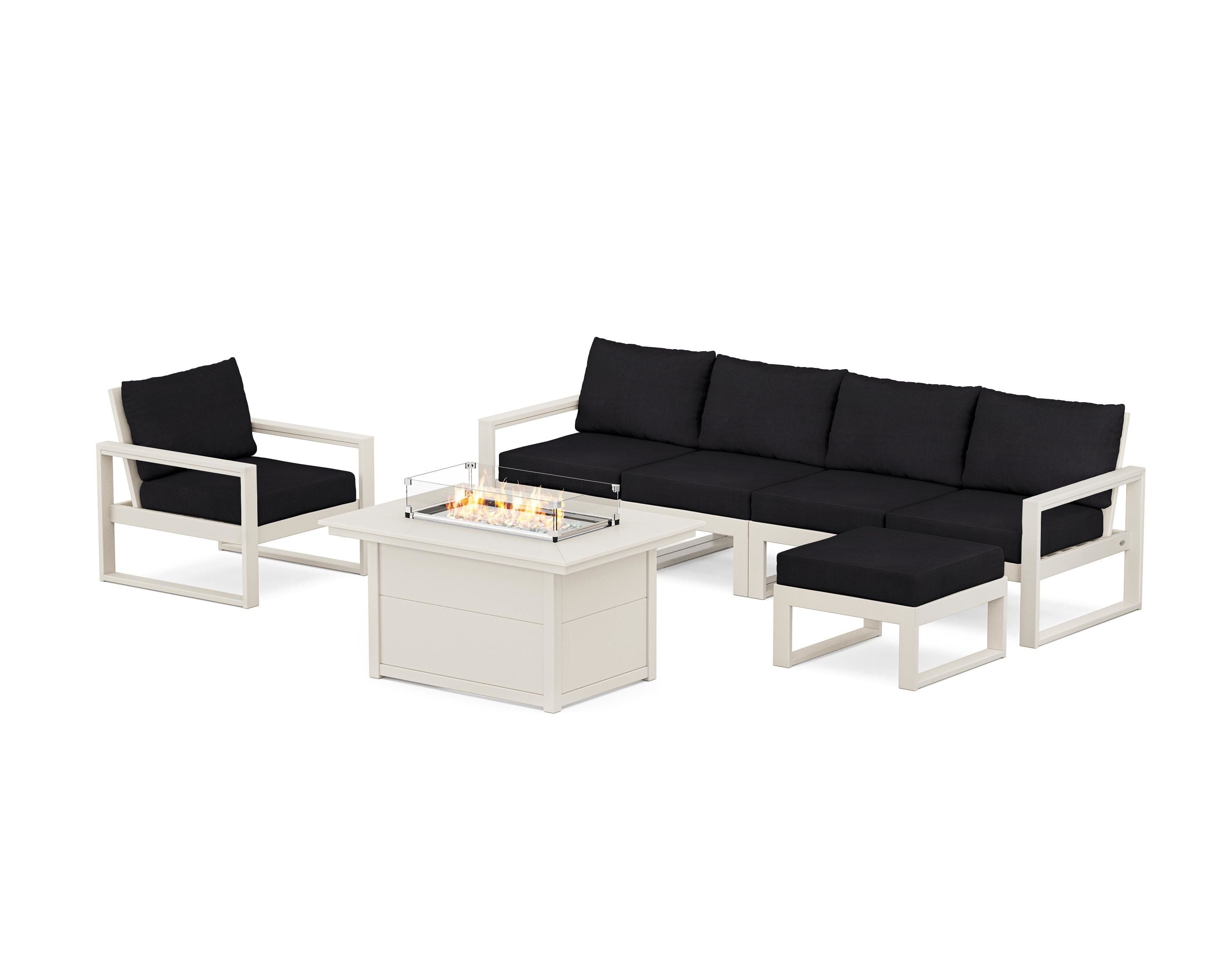 POLYWOOD EDGE Sectional Lounge and Fire Pit Set in Sand / Midnight Linen