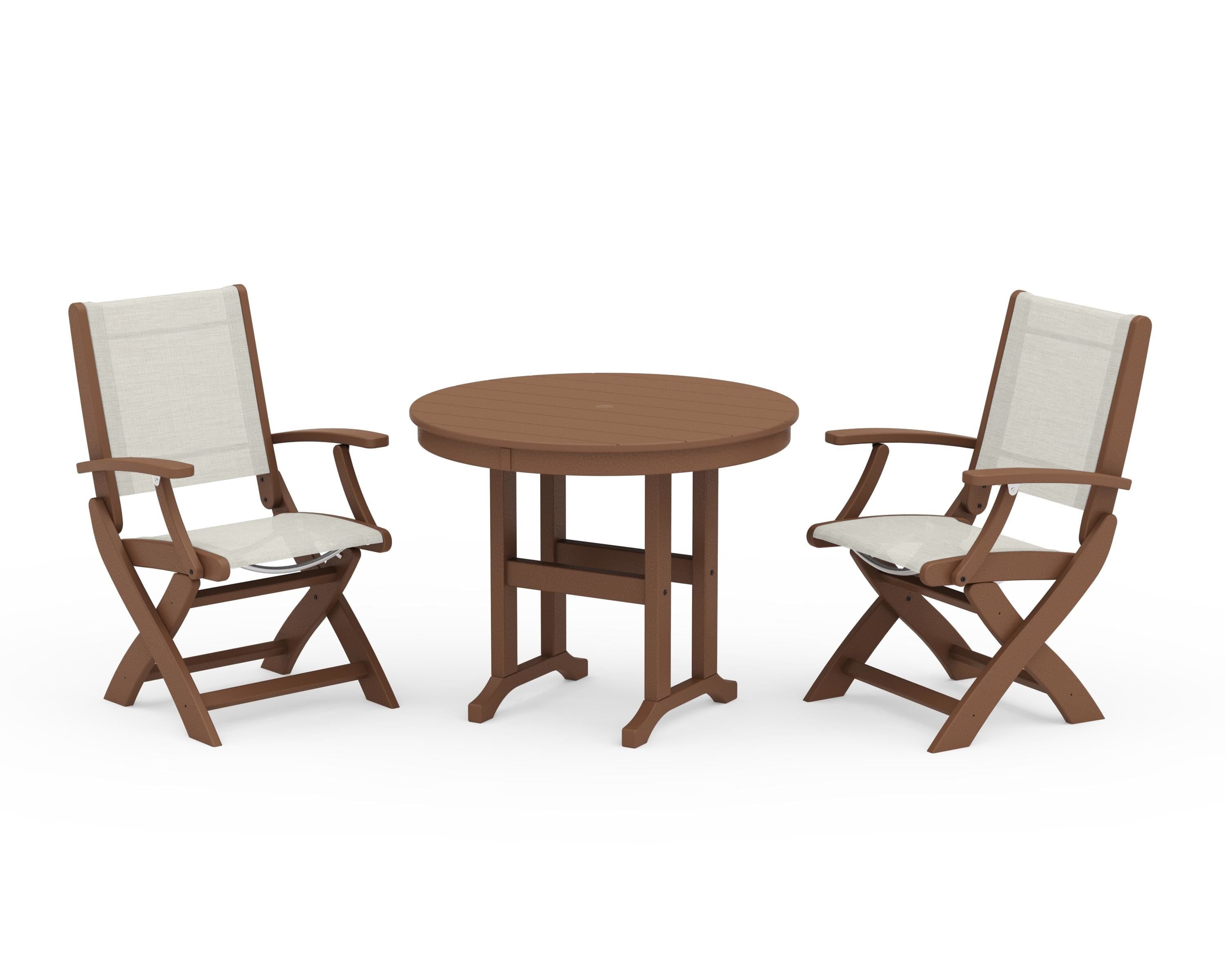POLYWOOD Coastal Folding Chair 3-Piece Round Dining Set in Teak / Parchment Sling