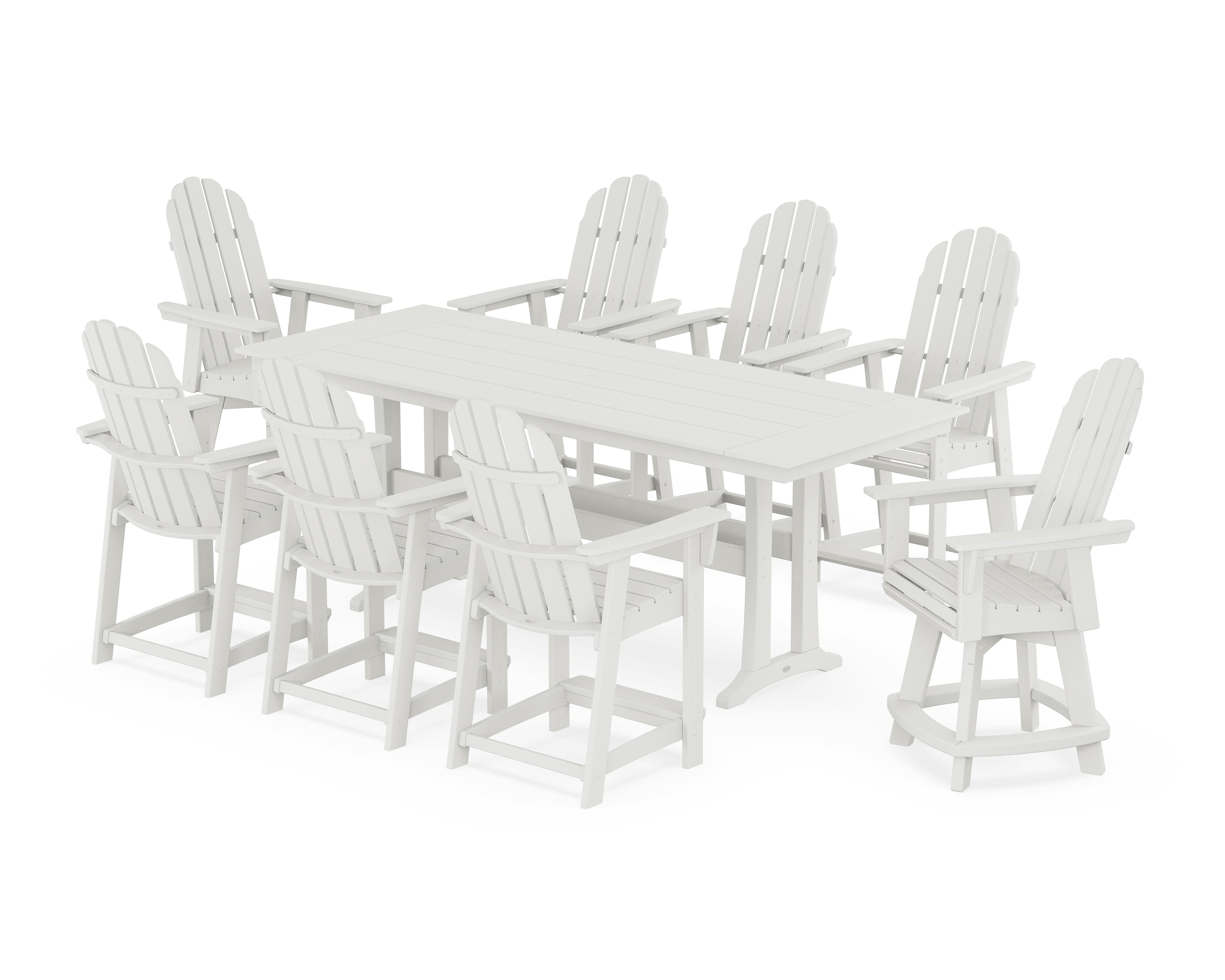 POLYWOOD® Vineyard Curveback Adirondack Swivel 9-Piece Farmhouse Counter Set with Trestle Legs in Vintage White