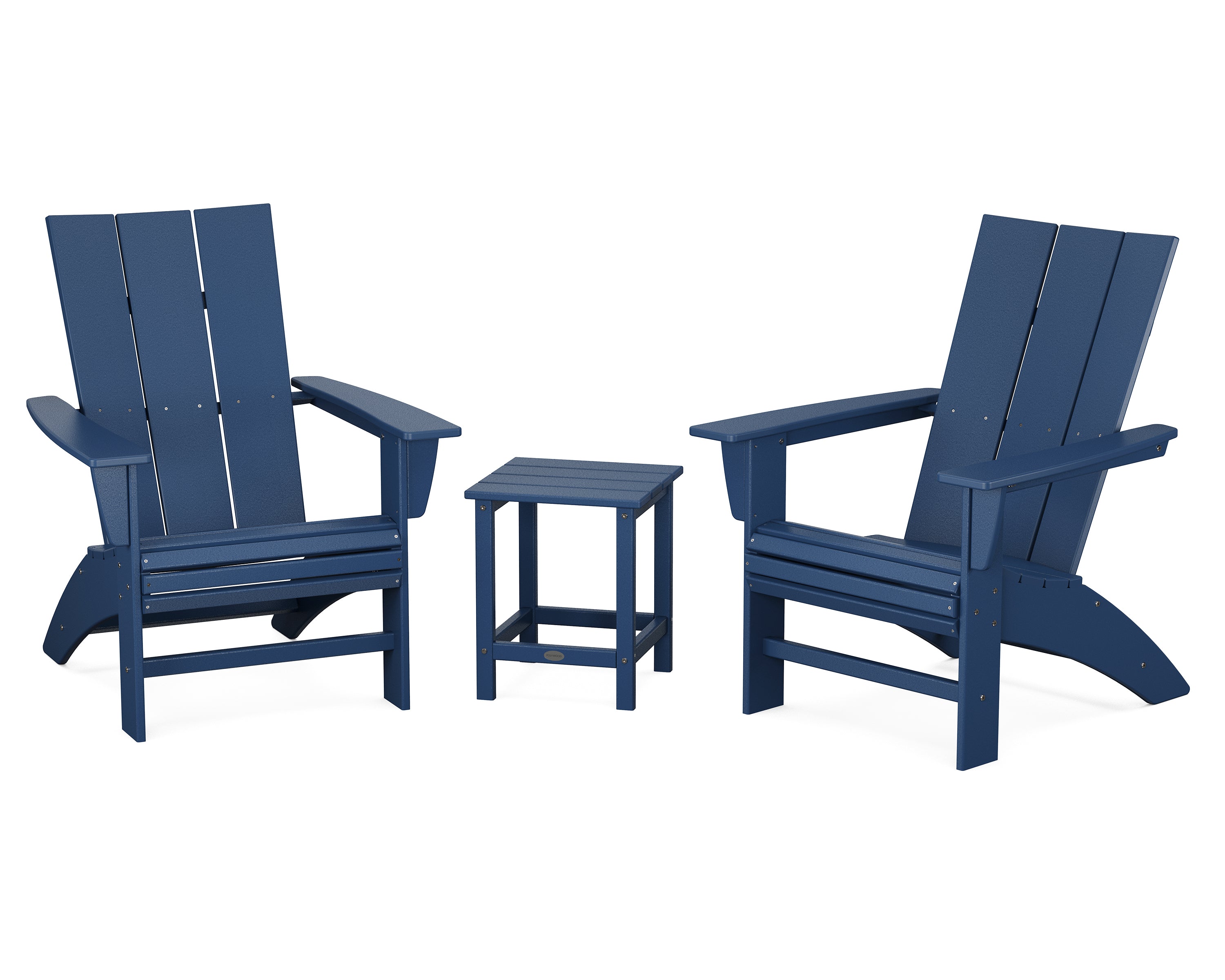 POLYWOOD Modern 3-Piece Curveback Adirondack Set with Long Island 18" Side Table in Navy