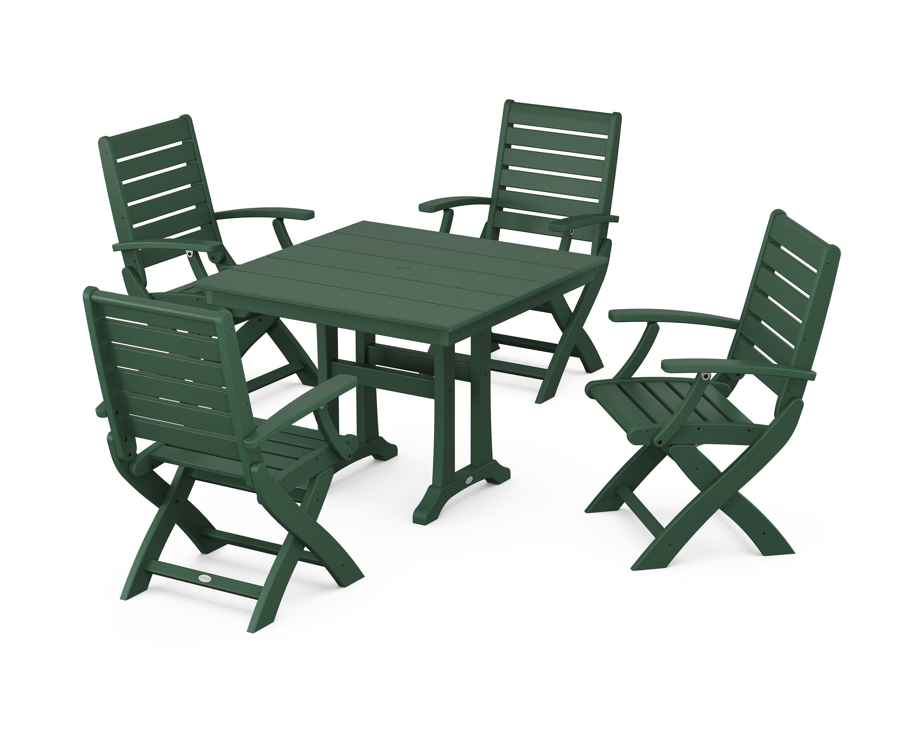 POLYWOOD Signature Folding Chair 5-Piece Farmhouse Dining Set With Trestle Legs in Green
