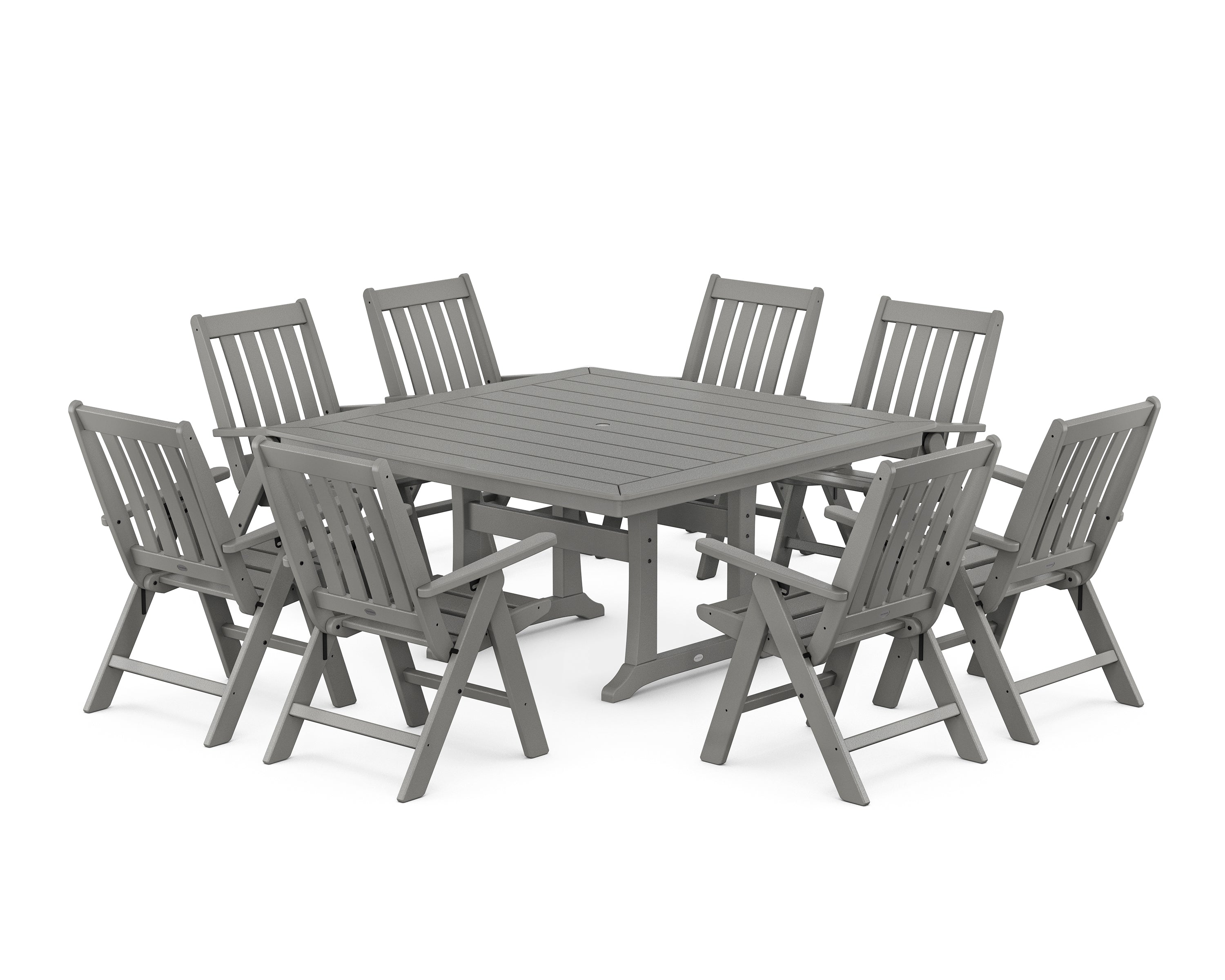 POLYWOOD Vineyard Folding Chair 9-Piece Square Dining Set with Trestle Legs in Slate Grey