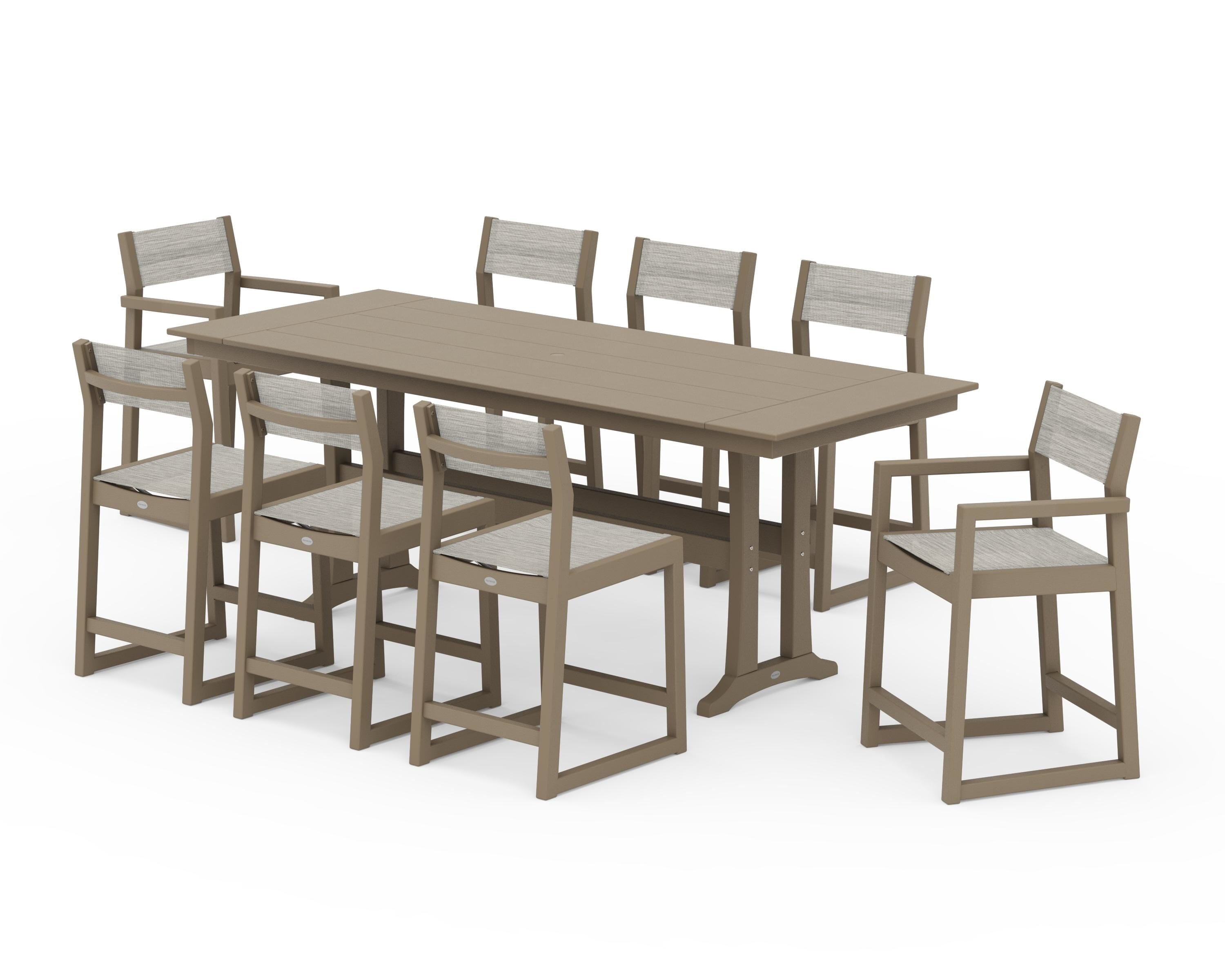 POLYWOOD EDGE Sling 9-Piece Farmhouse Counter Set with Trestle Legs in Vintage Sahara / Birch Sling