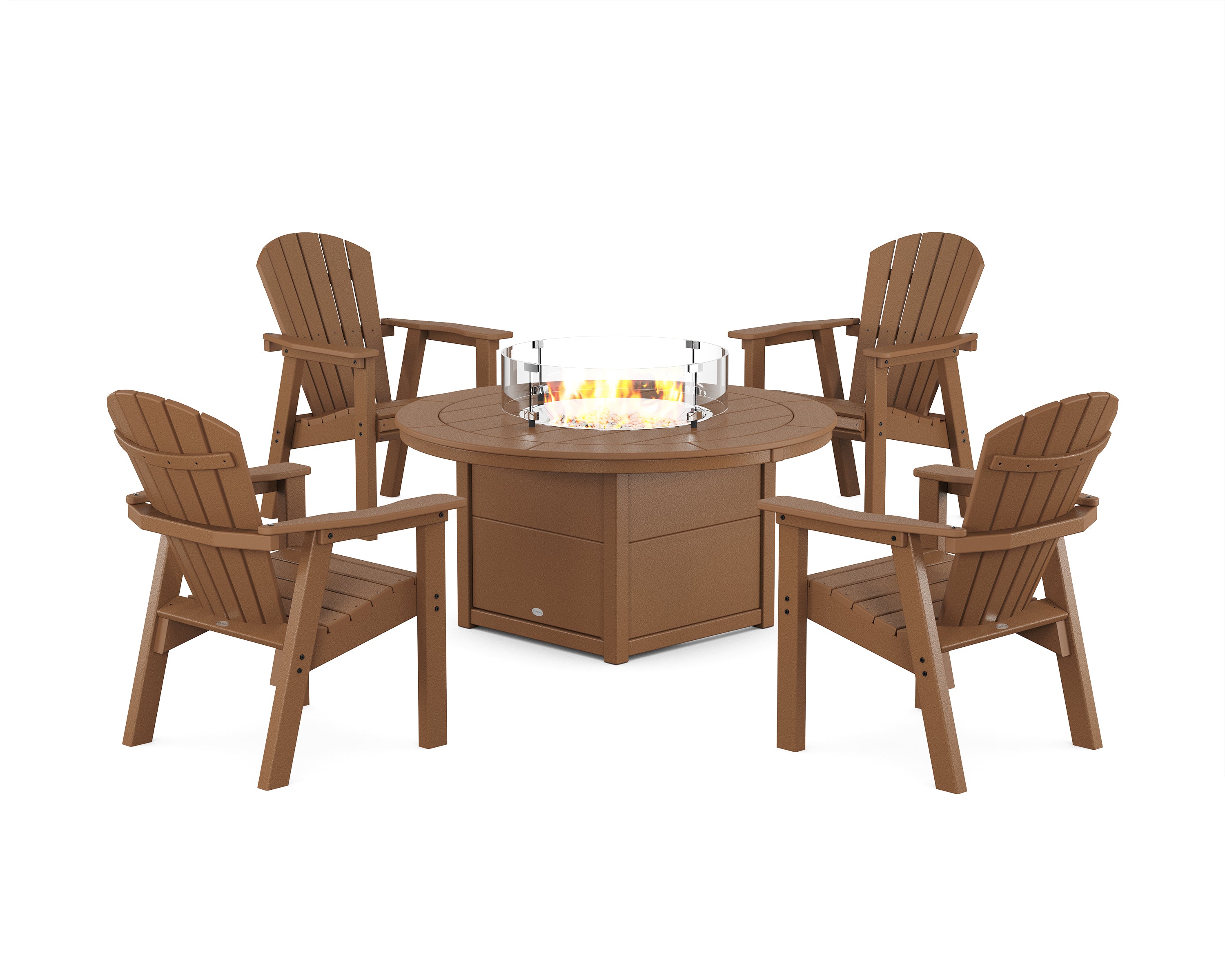 POLYWOOD Seashell 4-Piece Upright Adirondack Conversation Set with Fire Pit Table in Teak
