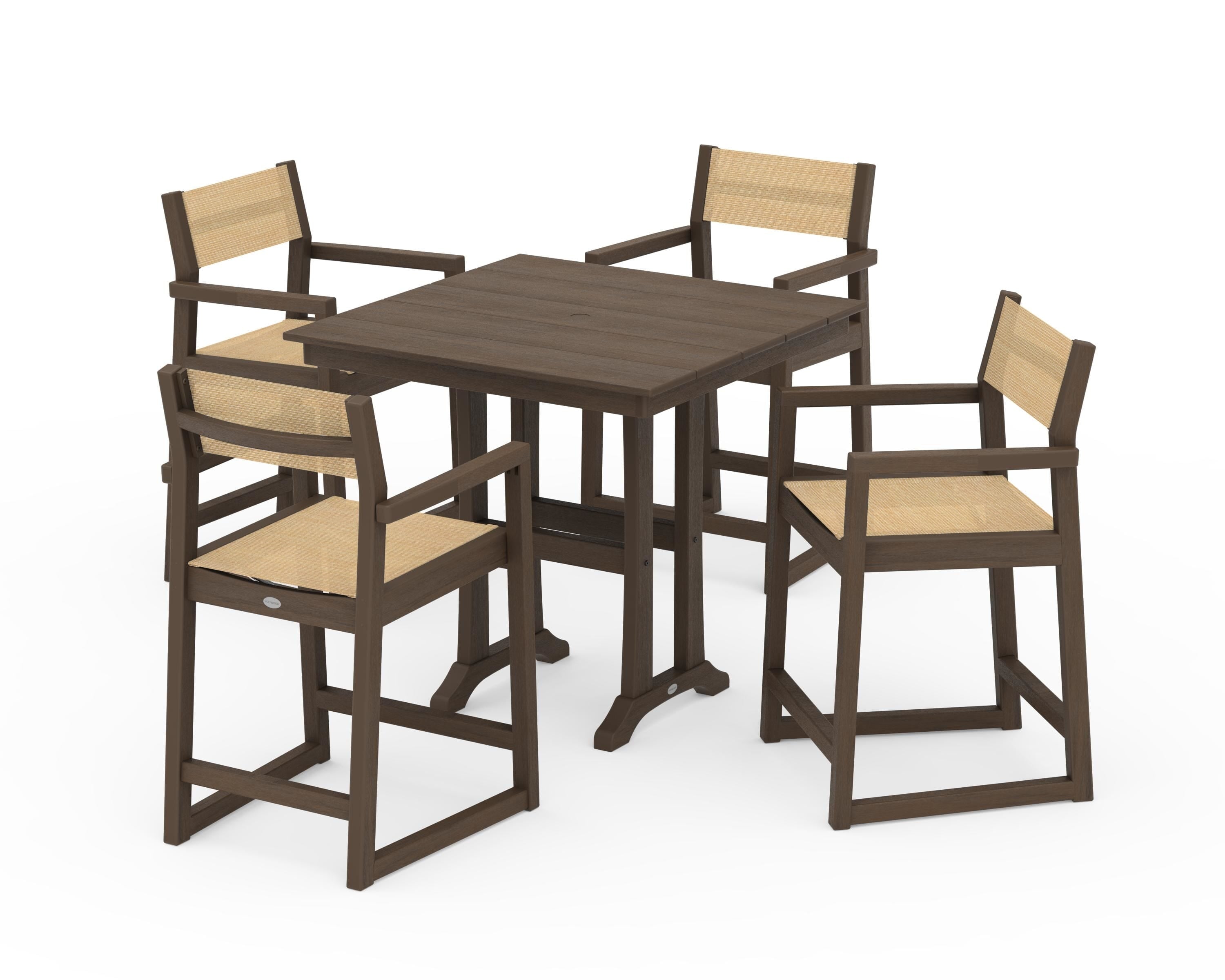 POLYWOOD EDGE Sling Arm Chair 5-Piece Farmhouse Counter Set with Trestle Legs in Kona / Dupioni Apricot Sling