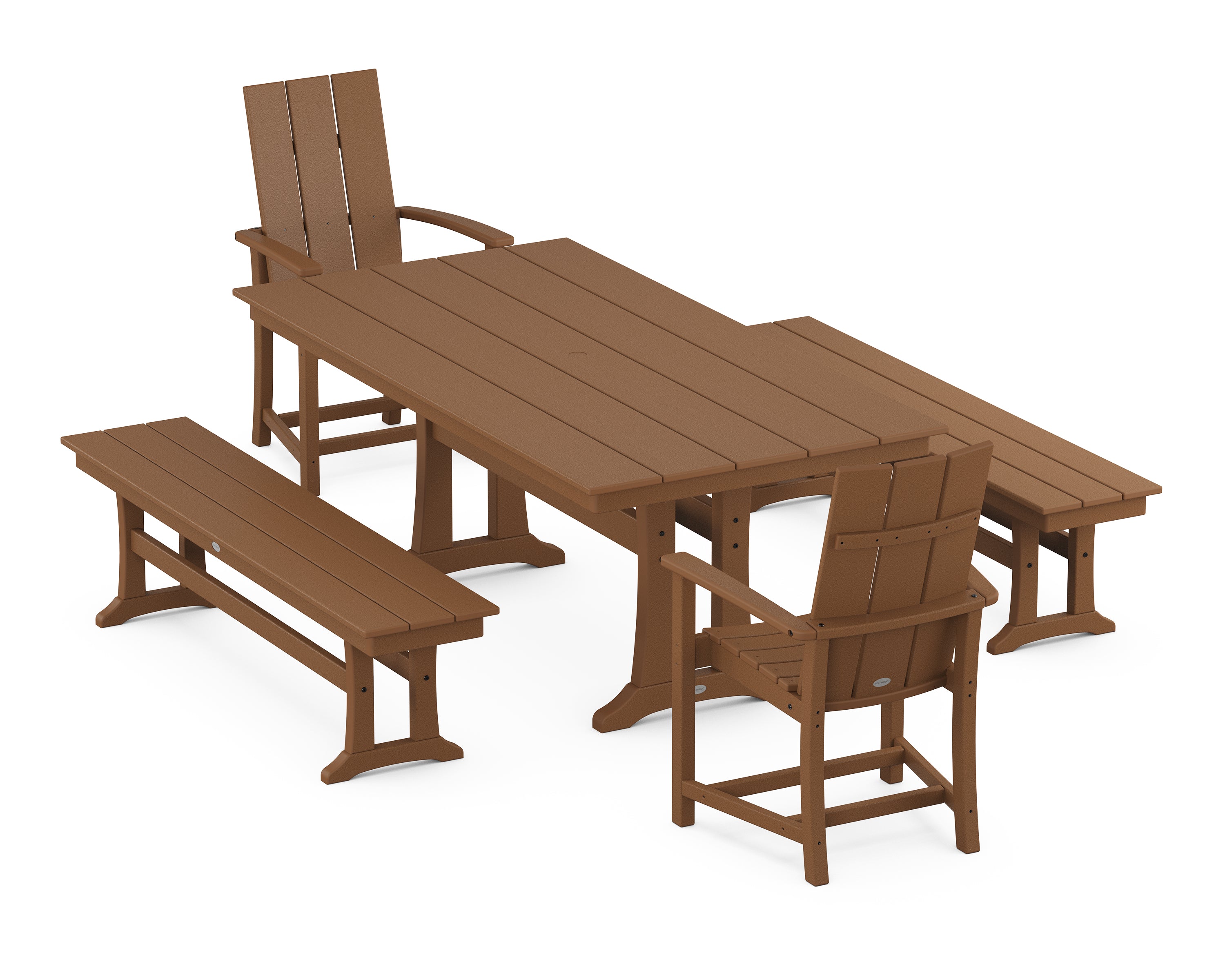 POLYWOOD® Modern Adirondack 5-Piece Farmhouse Dining Set With Trestle Legs in Teak