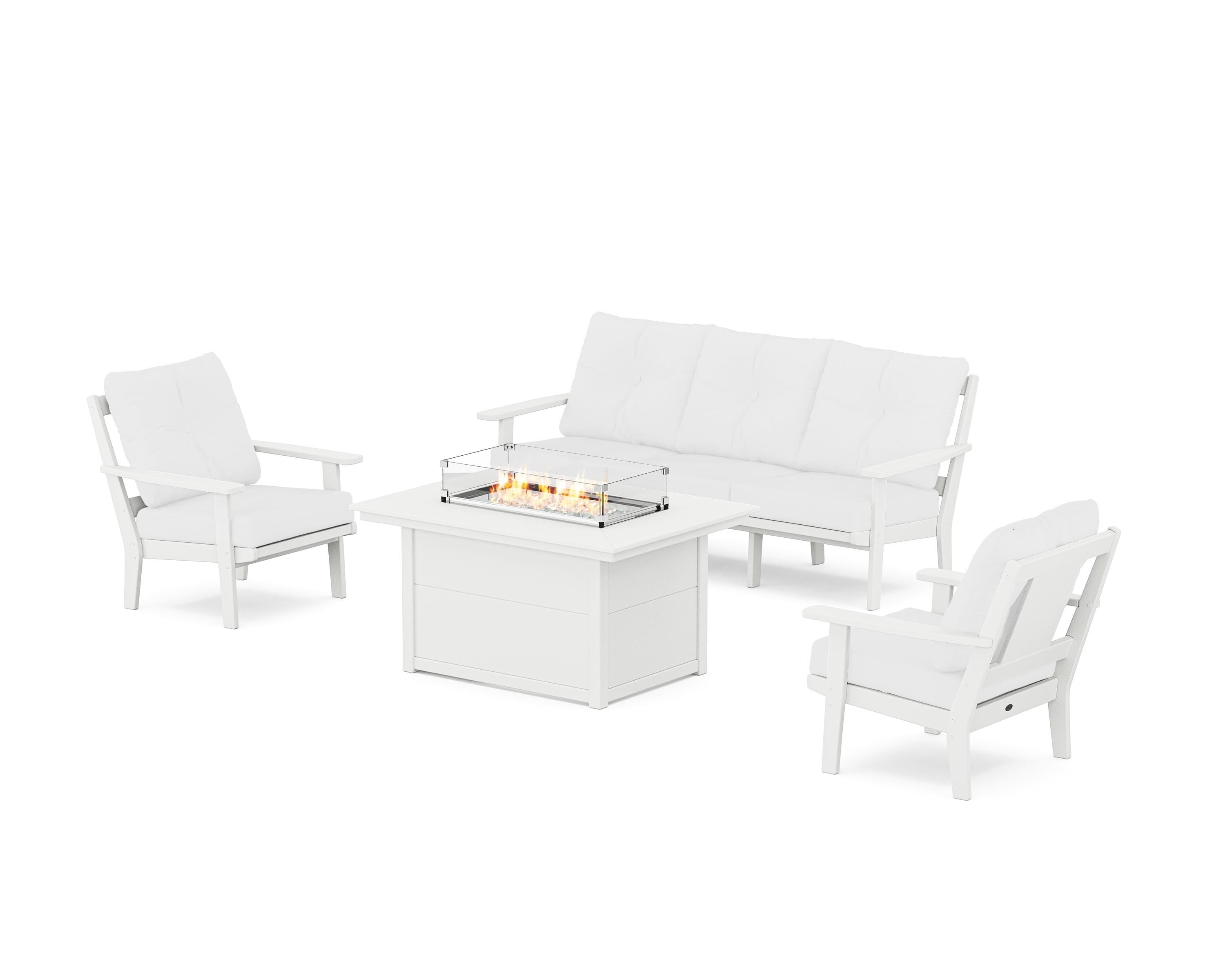 POLYWOOD Prairie Deep Seating Fire Pit Table Set in White / Natural