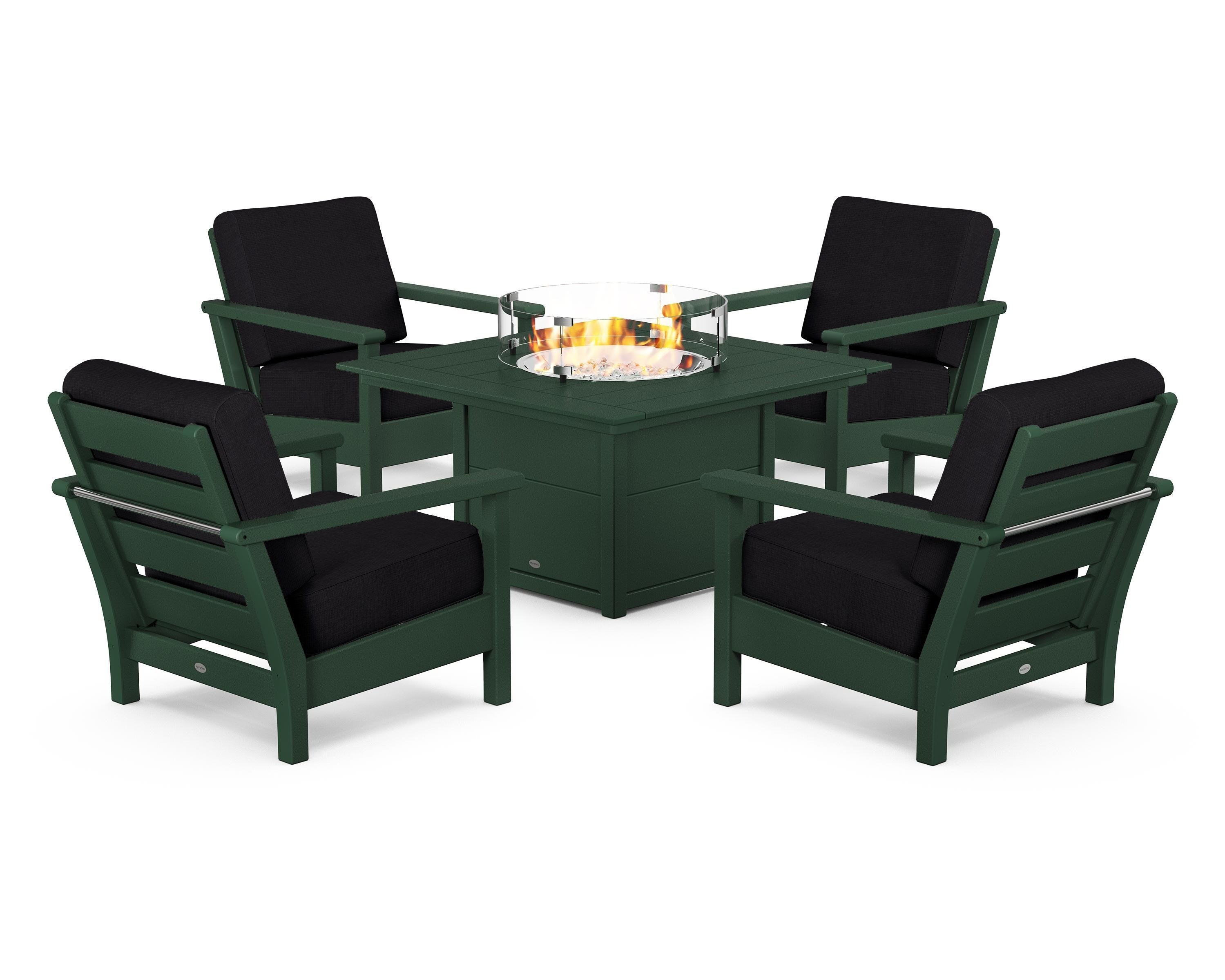 POLYWOOD Harbour 5-Piece Conversation Set with Fire Pit Table in Green / Midnight Linen
