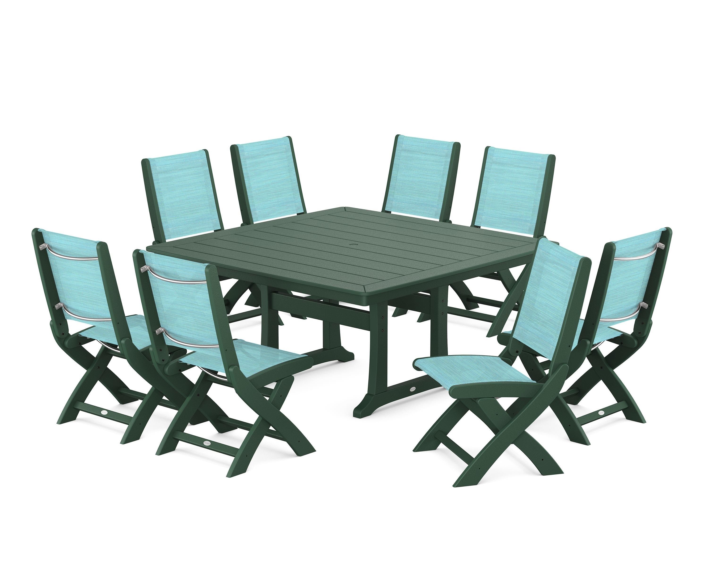POLYWOOD Coastal Folding Side Chair 9-Piece Dining Set with Trestle Legs in Green / Dupioni Aquamarine Sling
