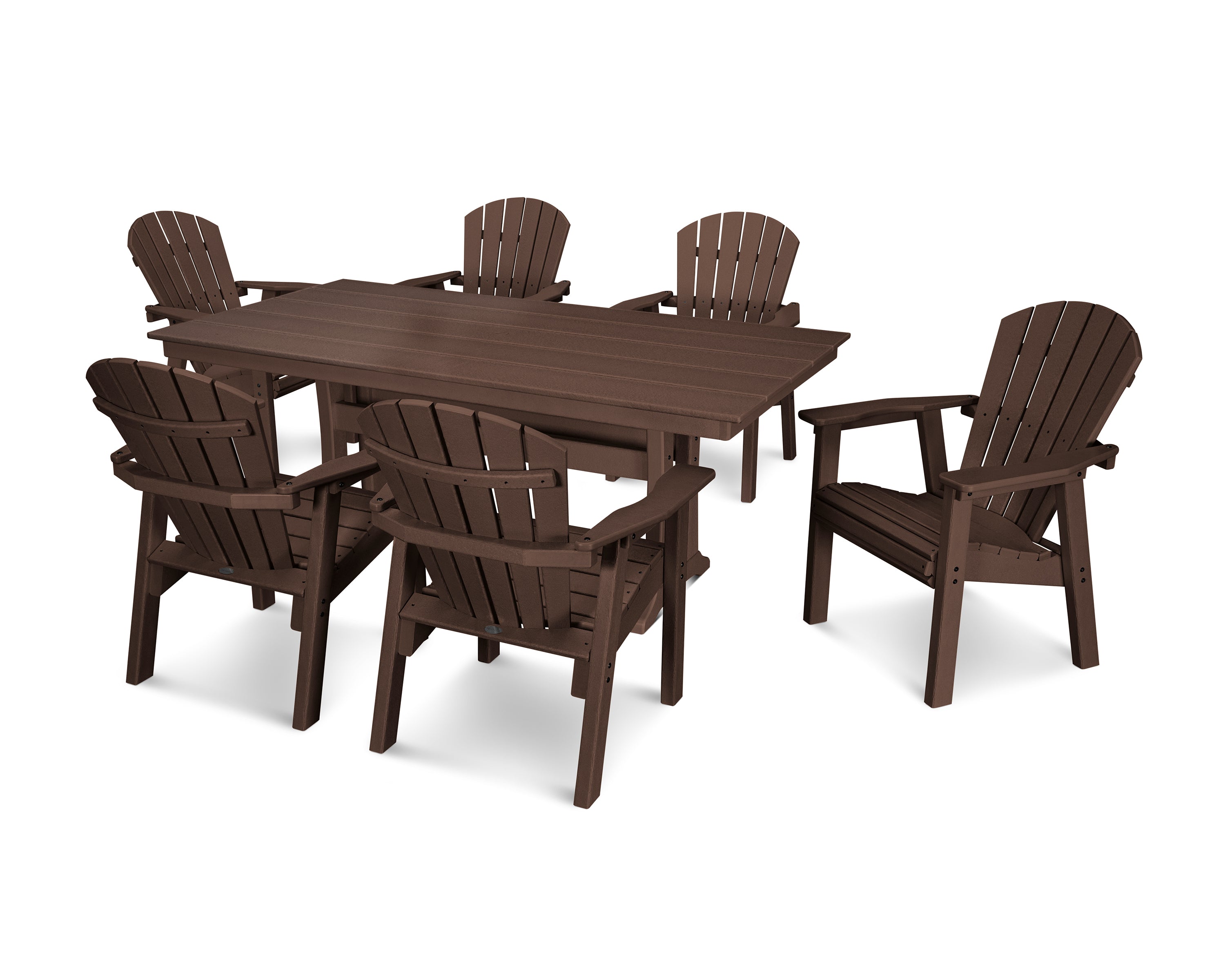 POLYWOOD® Seashell 7- Piece Farmhouse Dining Set with Trestle Legs in Mahogany