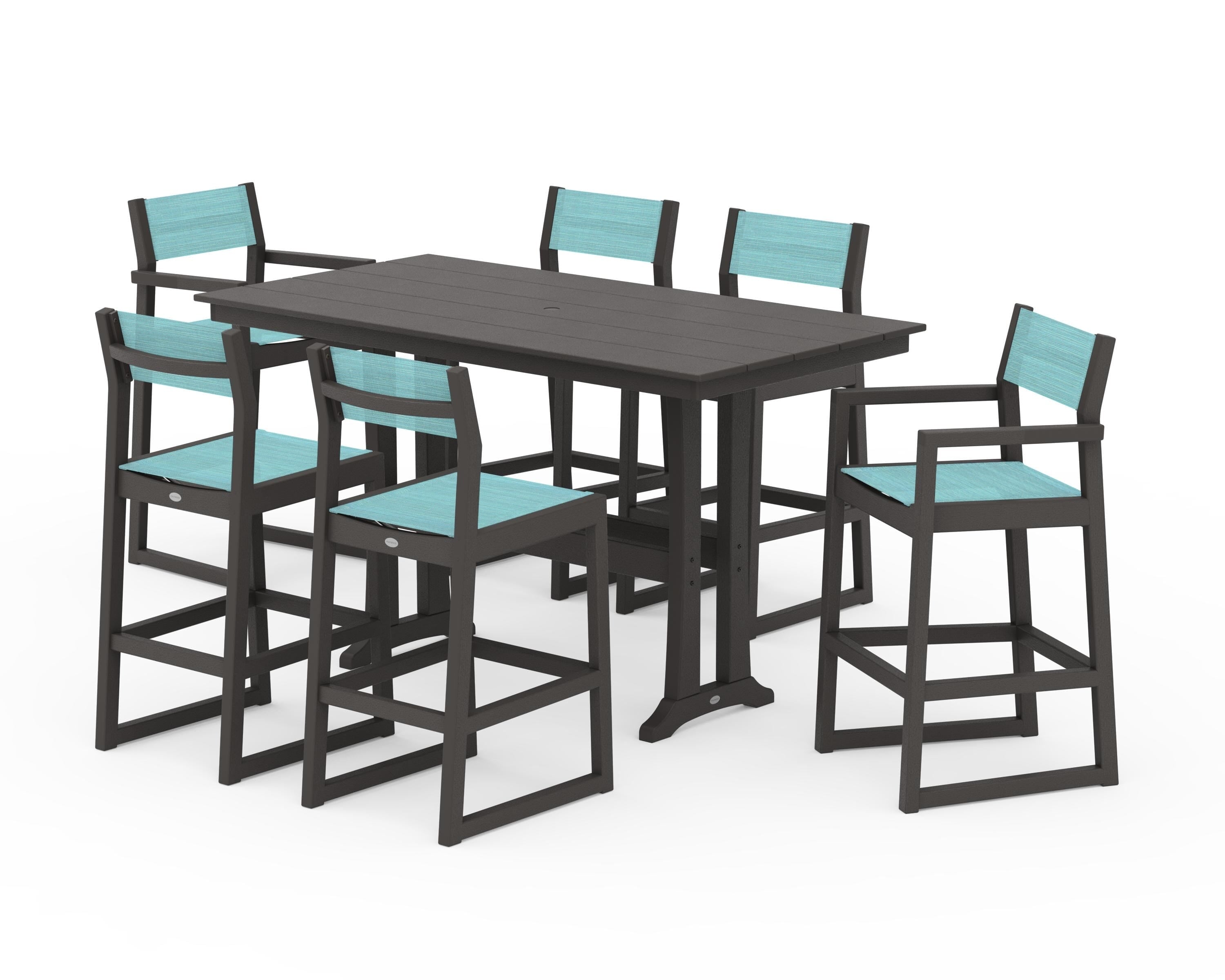 POLYWOOD EDGE Sling 7-Piece Farmhouse Bar Set with Trestle Legs in Vintage Coffee / Dupioni Aquamarine Sling