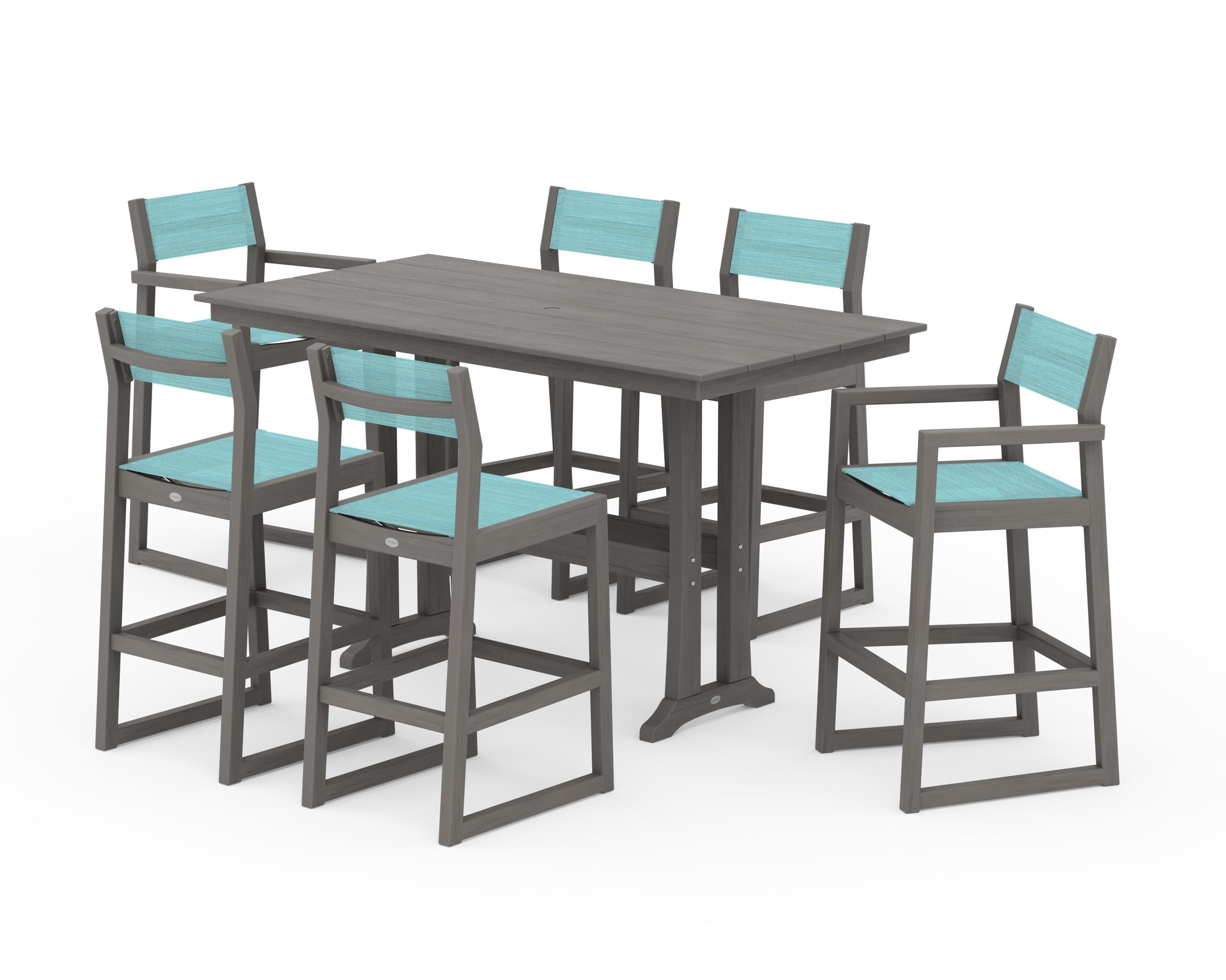 POLYWOOD EDGE Sling 7-Piece Farmhouse Bar Set with Trestle Legs in Driftwood / Dupioni Aquamarine Sling