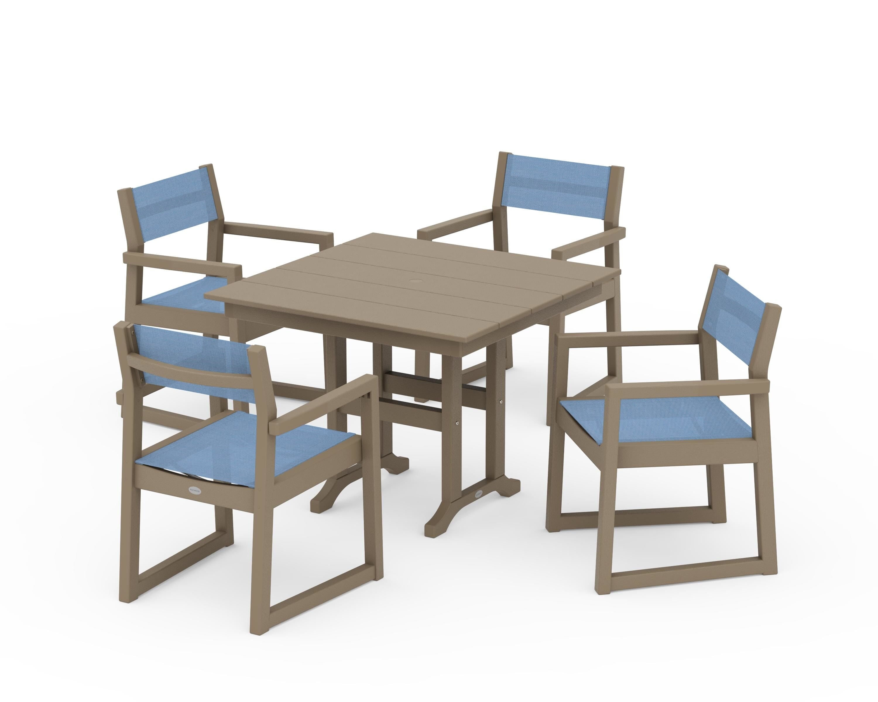 POLYWOOD EDGE Sling Arm Chair 5-Piece Farmhouse Dining Set in Vintage Sahara / Poolside Sling