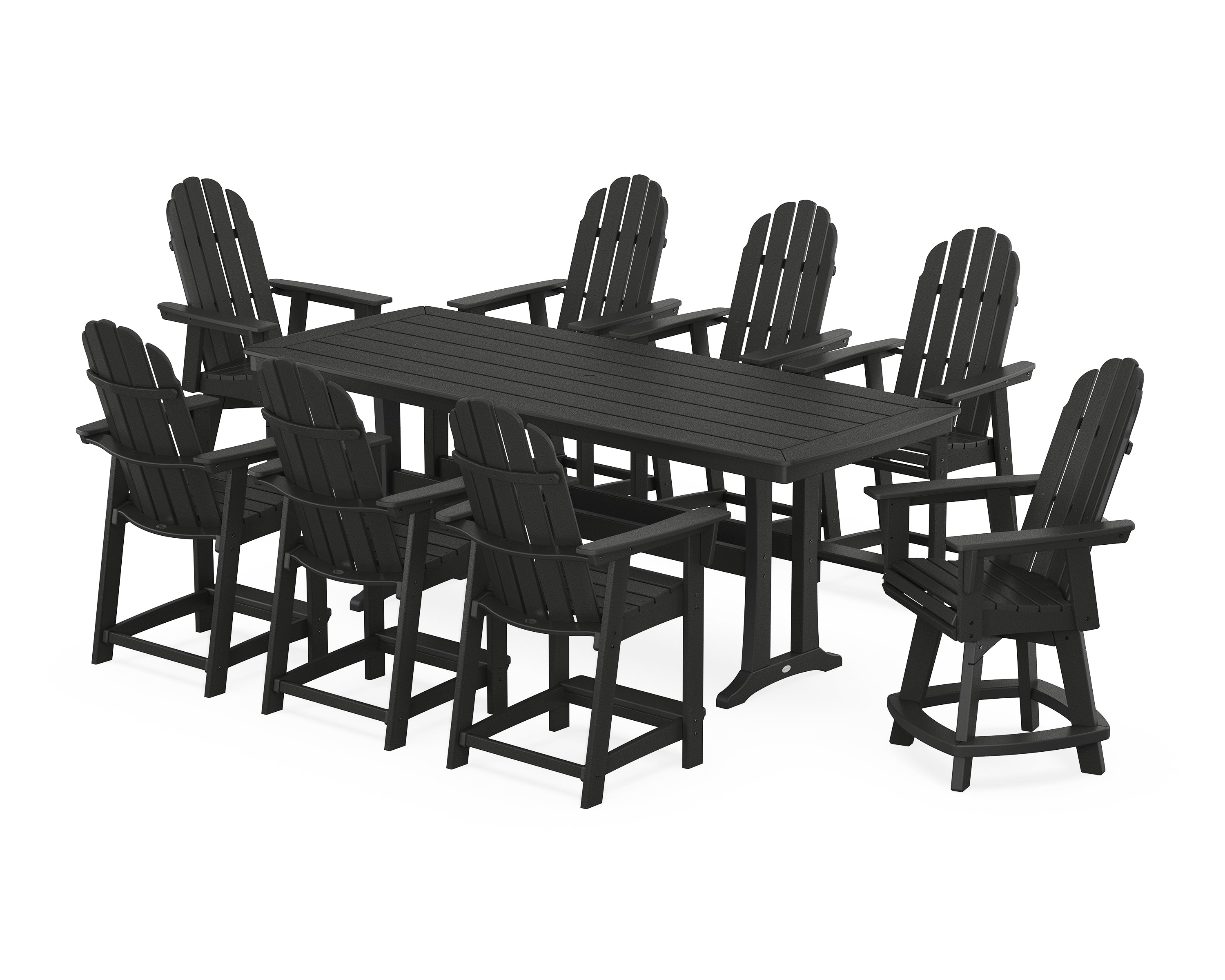 POLYWOOD® Vineyard Curveback Adirondack Swivel 9-Piece Counter Set with Trestle Legs in Black