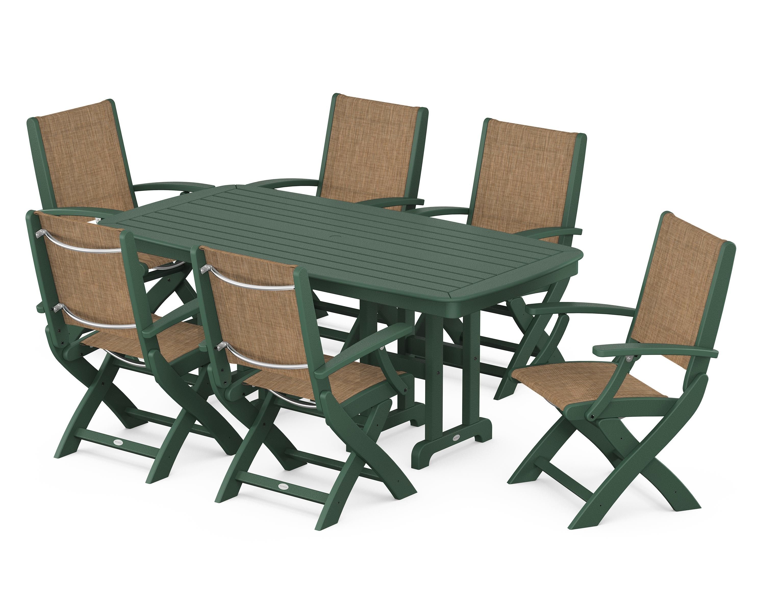POLYWOOD Coastal Folding Arm Chair 7-Piece Dining Set in Green / Burlap Sling