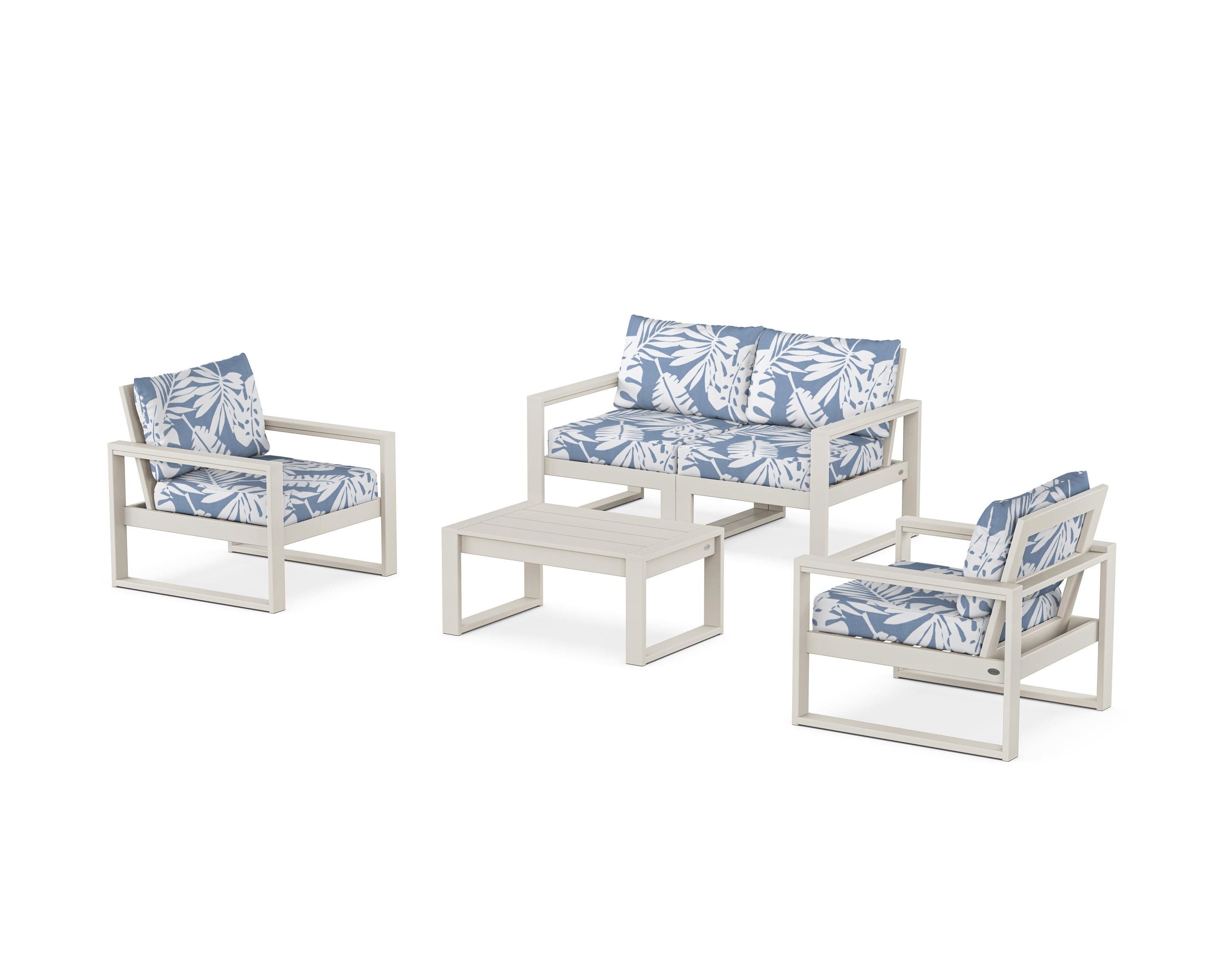 POLYWOOD EDGE Sectional 4-Piece Deep Seating Set with Loveseat in Sand / Leaf Sky Blue