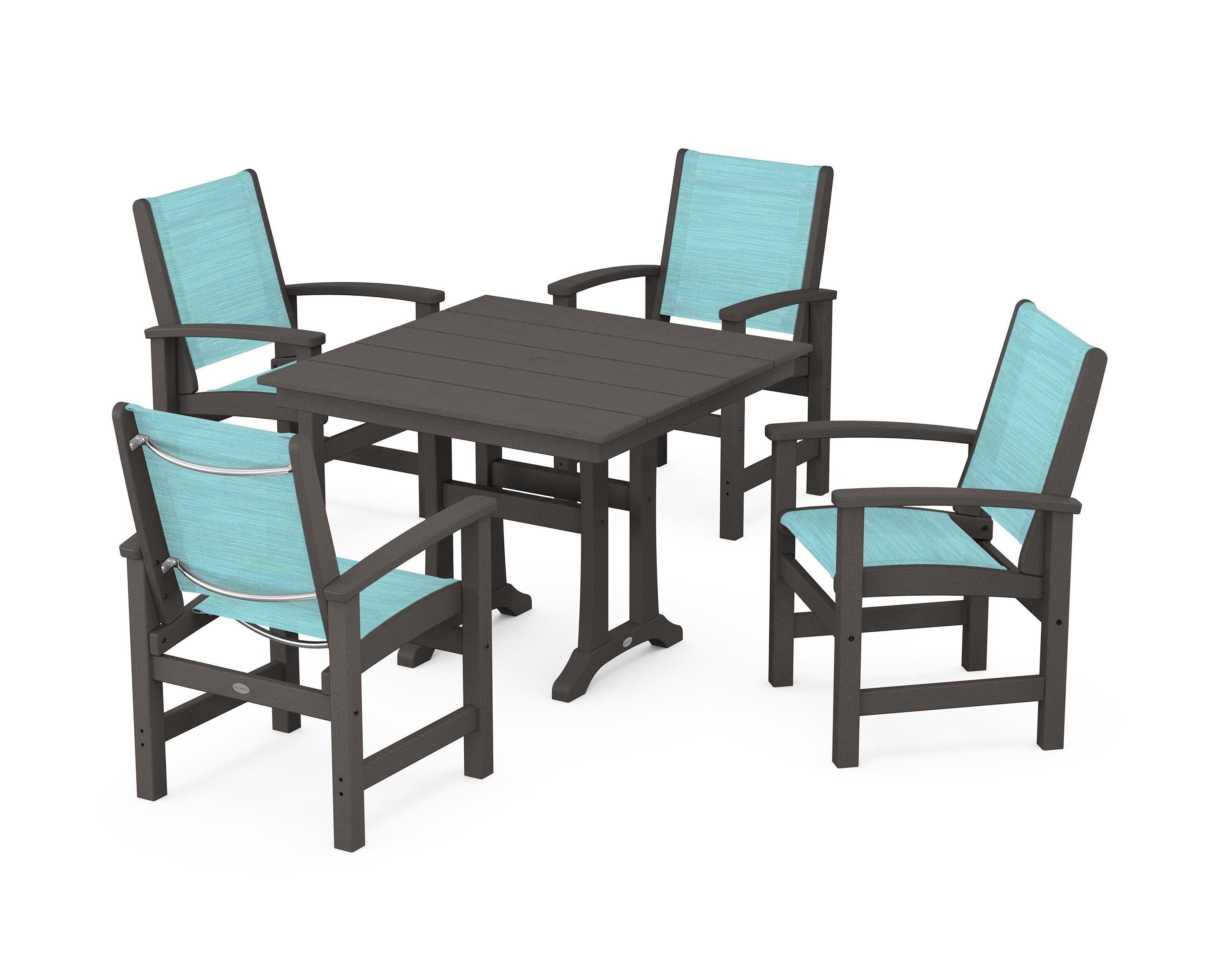POLYWOOD Coastal 5-Piece Farmhouse Dining Set With Trestle Legs in Vintage Coffee / Dupioni Aquamarine Sling