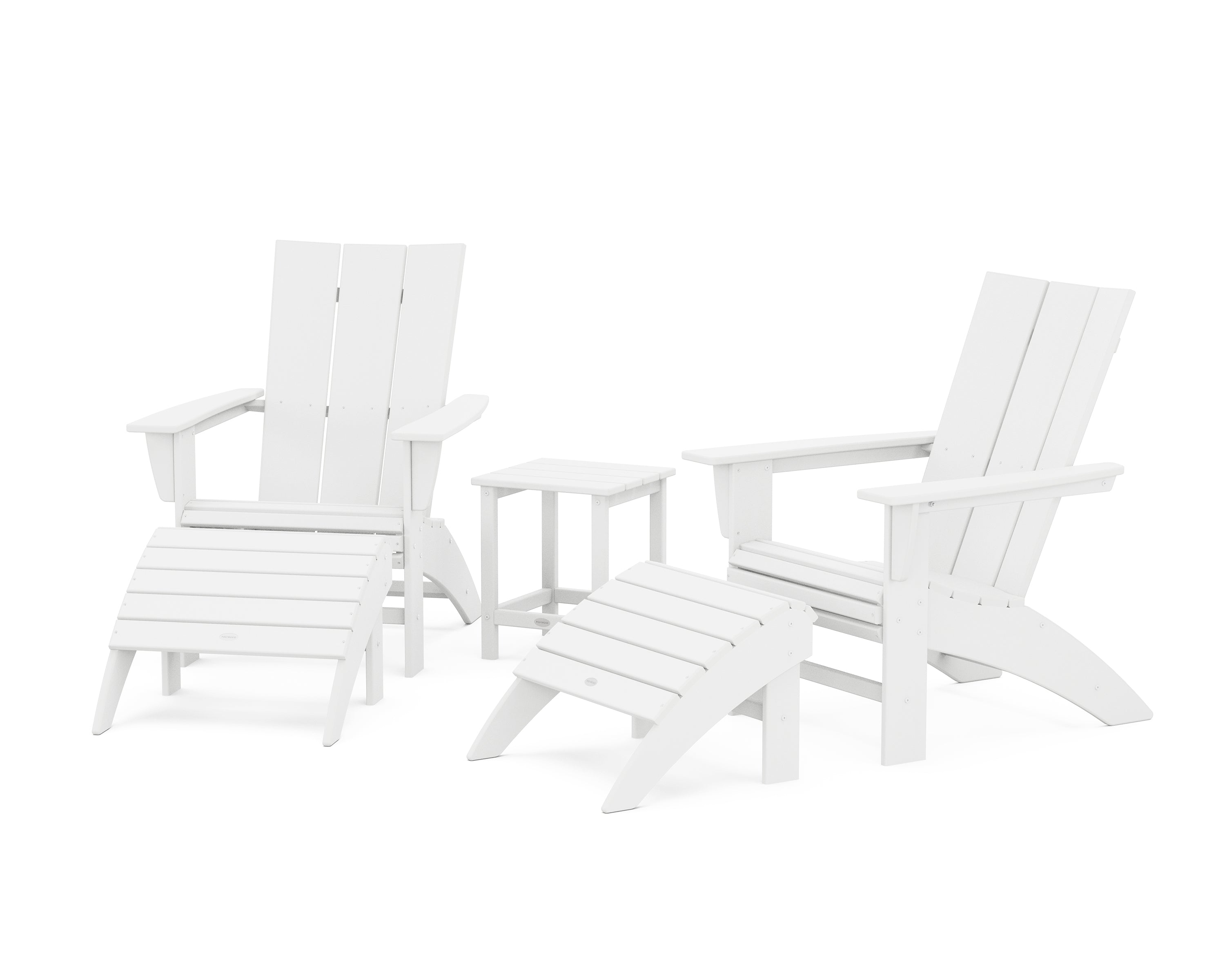 POLYWOOD® Modern Curveback Adirondack Chair 5-Piece Set with Ottomans and 18" Side Table in White