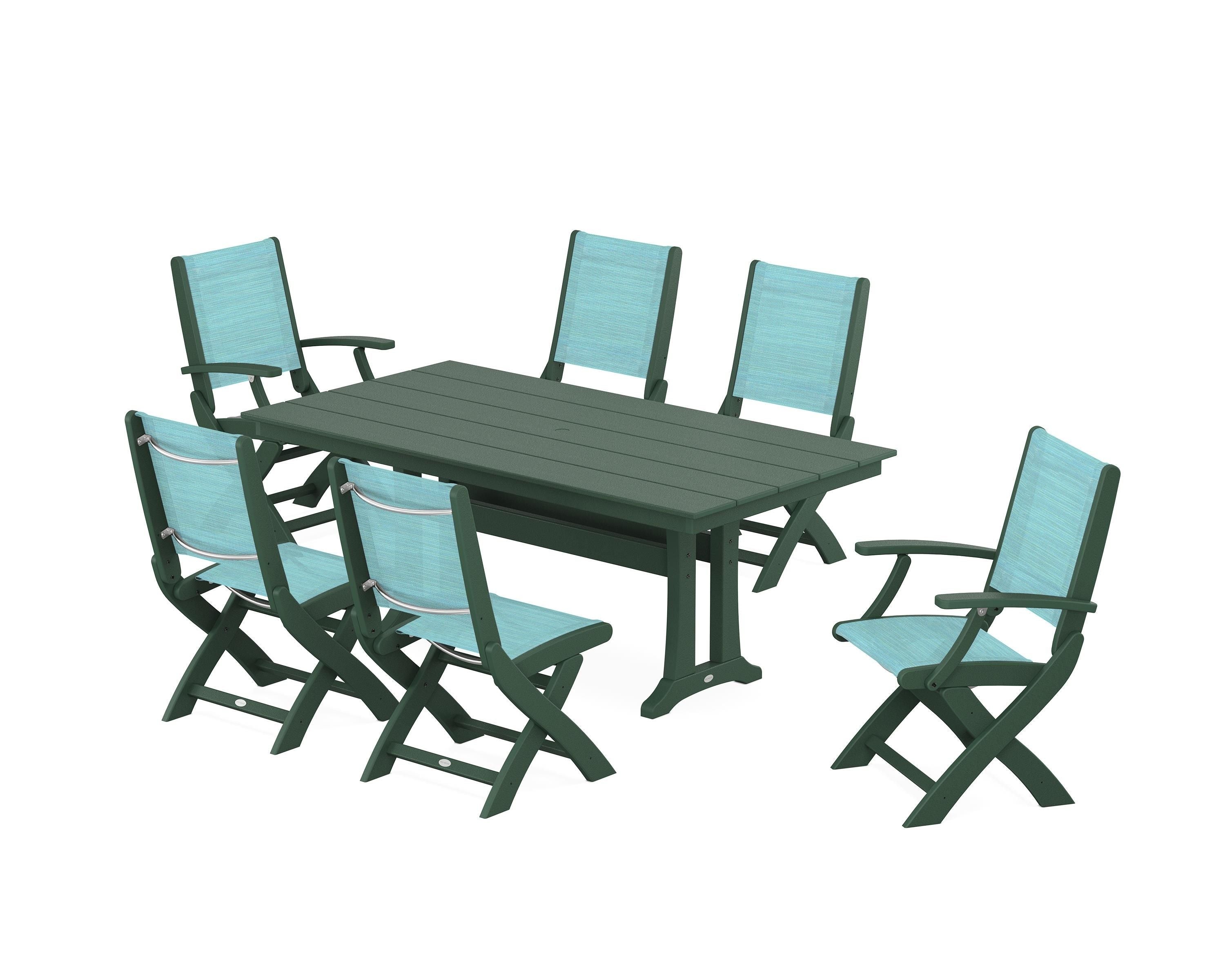 POLYWOOD Coastal Folding Chair 7-Piece Farmhouse Dining Set with Trestle Legs in Green / Dupioni Aquamarine Sling