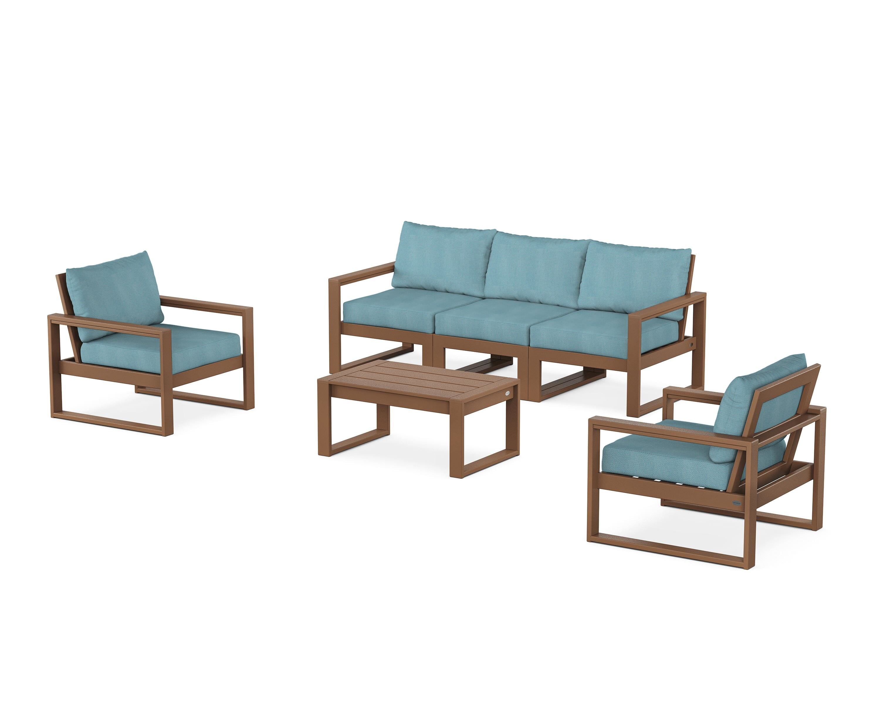 POLYWOOD EDGE Sectional 4-Piece Deep Seating Set with Sofa in Teak / Lattice Sky Blue