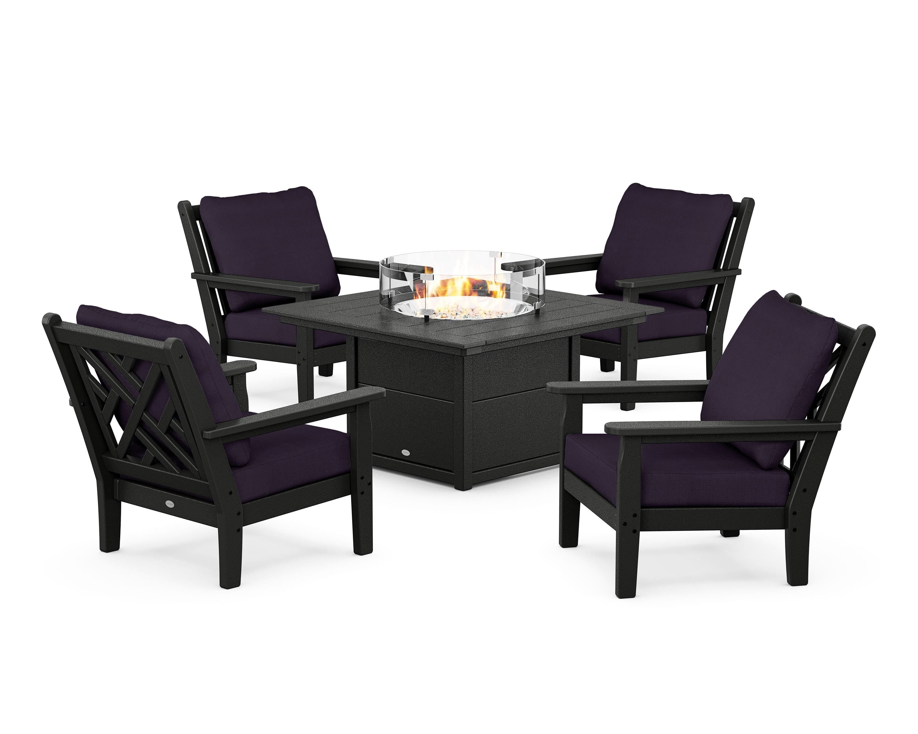 POLYWOOD Chippendale 5-Piece Deep Seating Set with Fire Pit Table in Black / Navy Linen