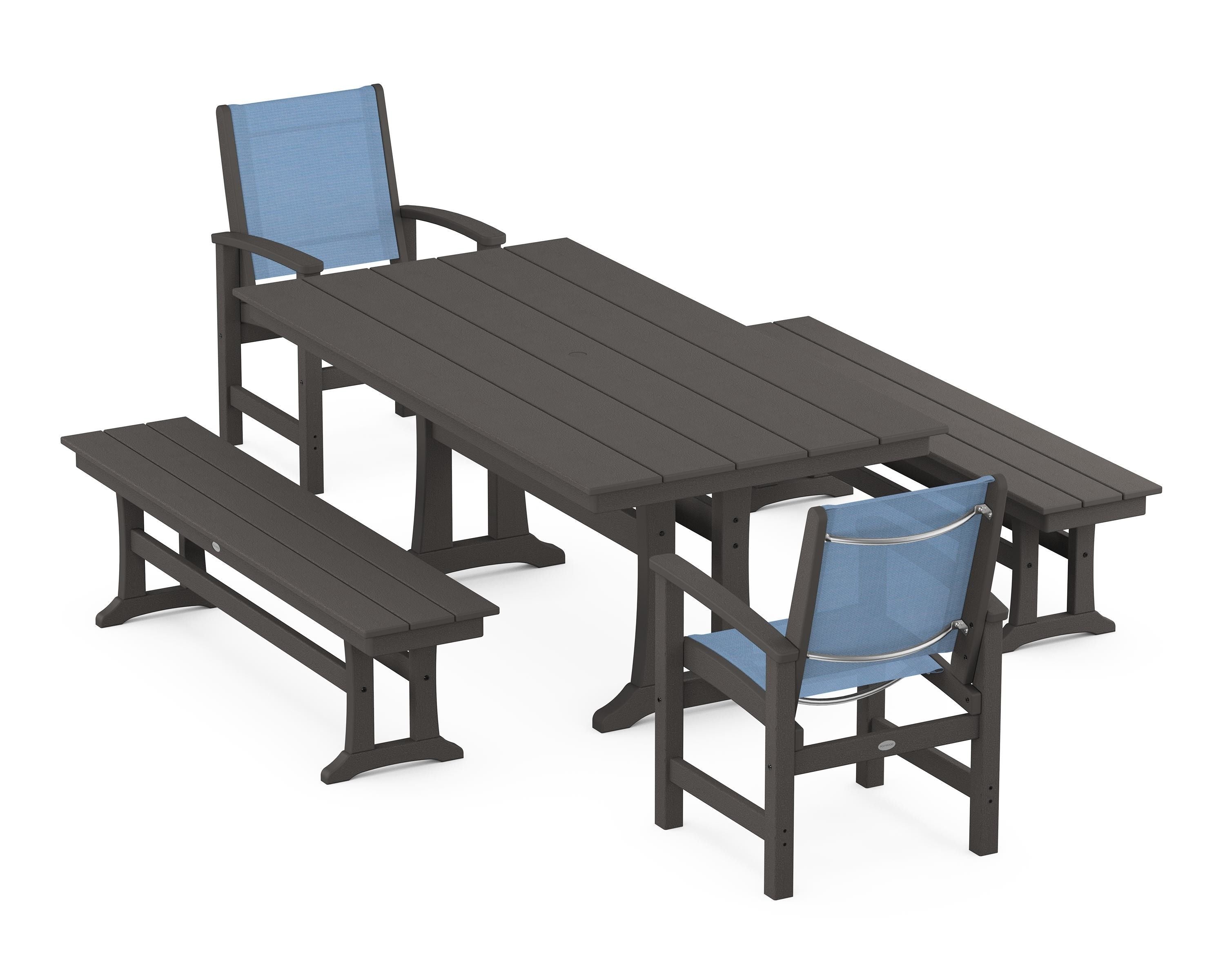 POLYWOOD Coastal 5-Piece Farmhouse Dining Set with Trestle Legs and Benches in Vintage Coffee / Poolside Sling