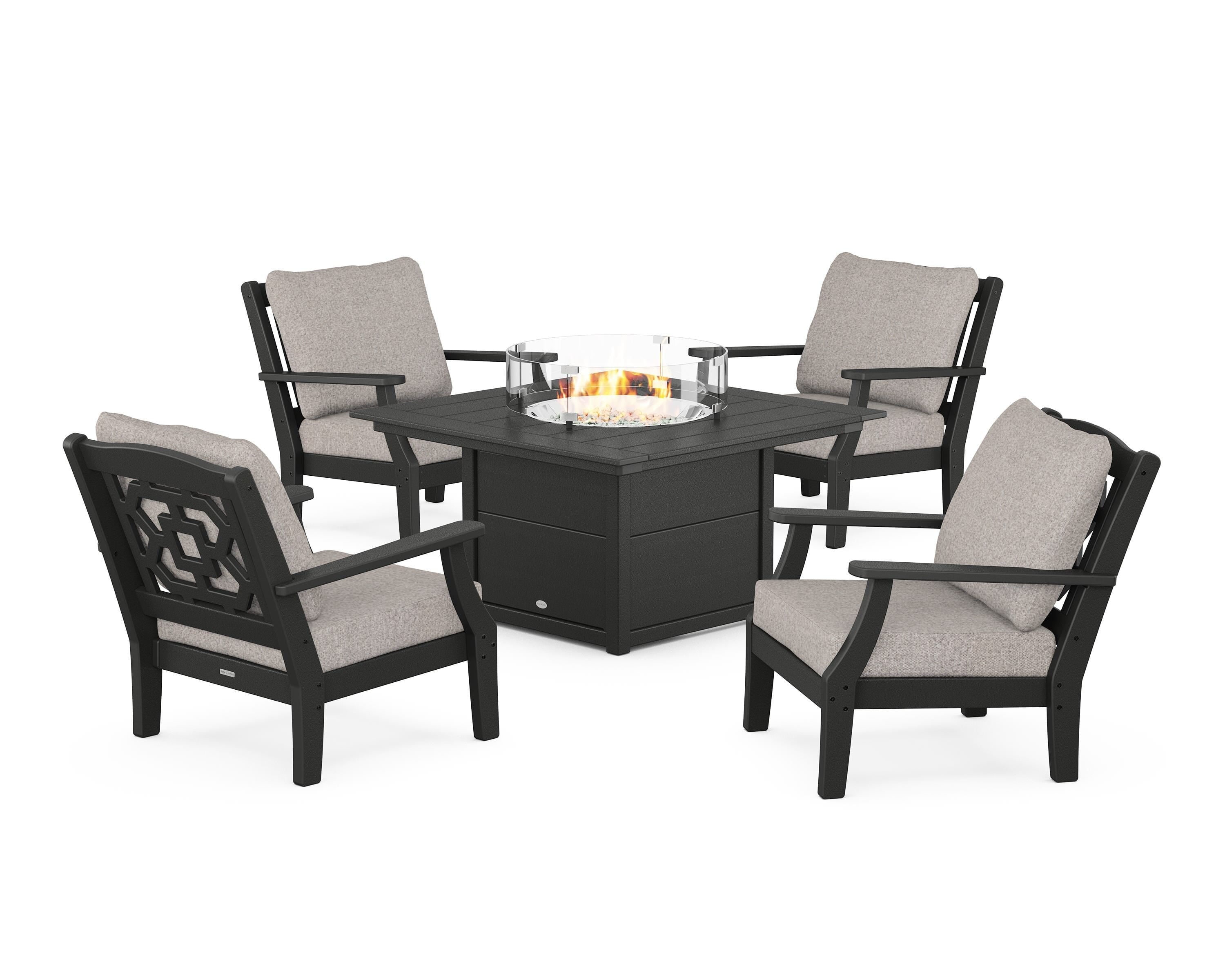 Martha Stewart by POLYWOOD Chinoiserie 5-Piece Deep Seating Set with Fire Pit Table in Black / Weathered Tweed