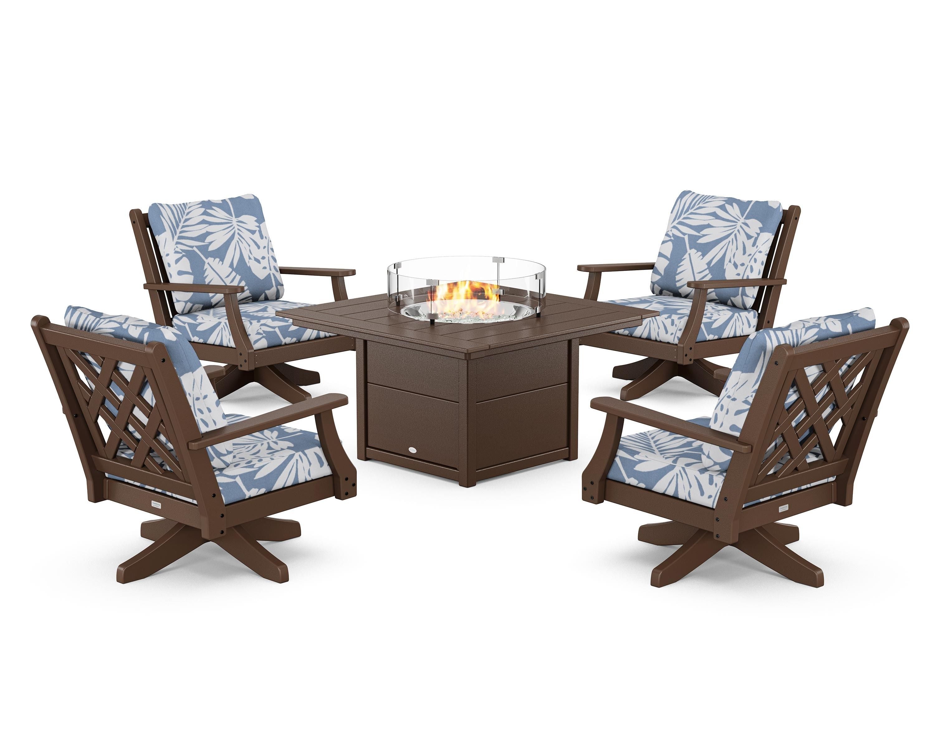 Country Living Wovendale 5-Piece Deep Seating Swivel Conversation Set with Fire Pit Table in Mahogany / Leaf Sky Blue