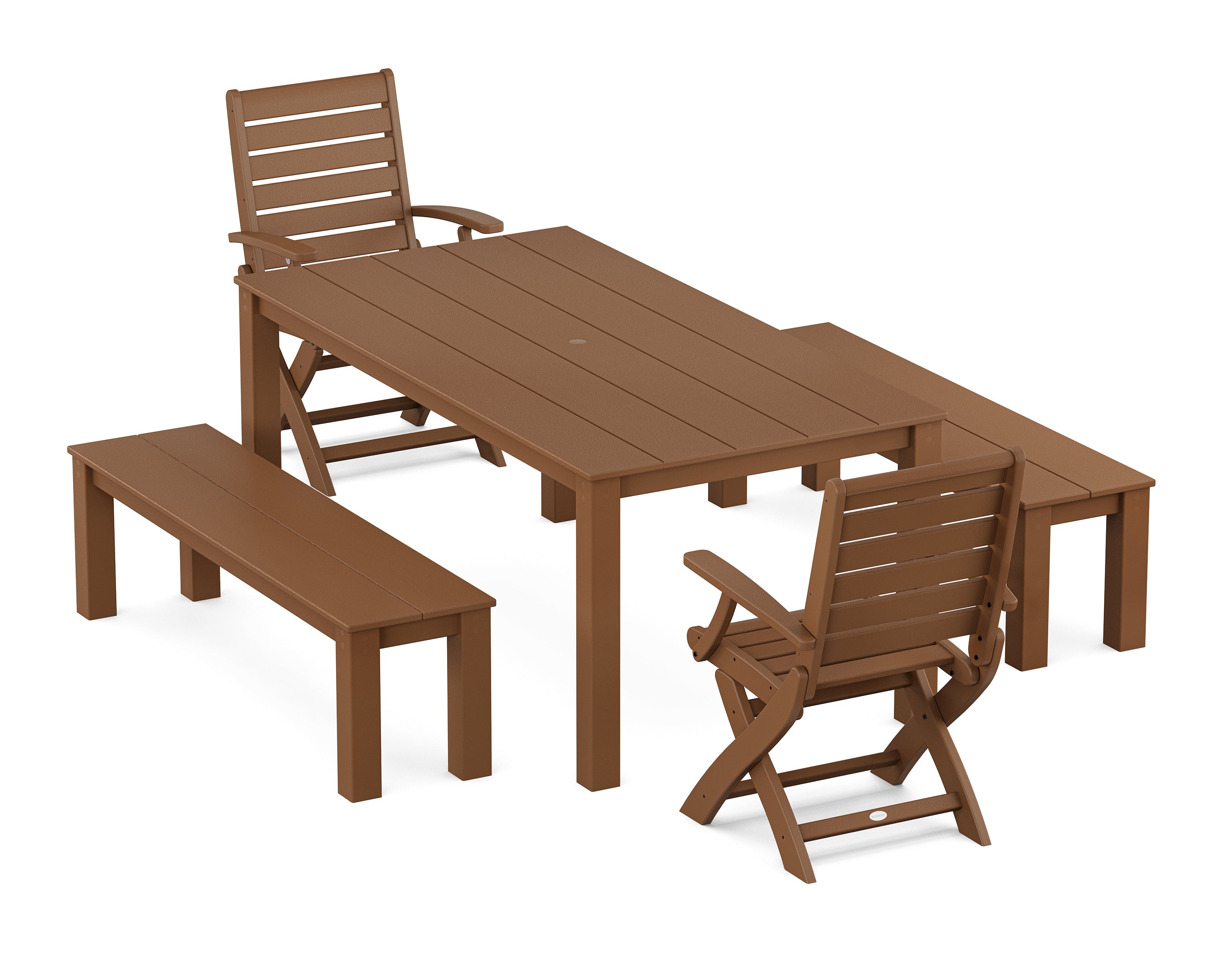 POLYWOOD Signature Folding Chair 5-Piece Parsons Dining Set with Benches in Teak