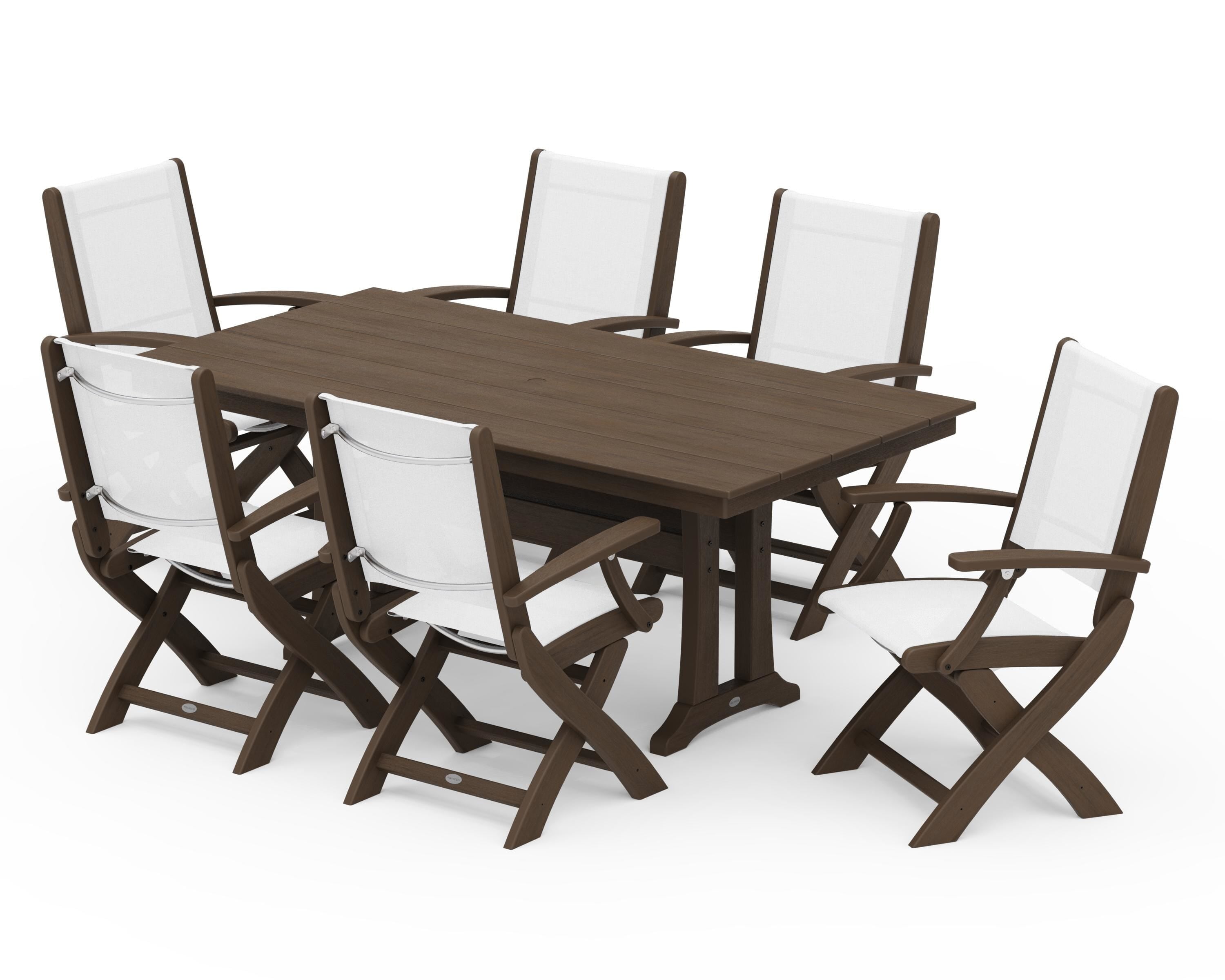 POLYWOOD Coastal Folding Arm Chair 7-Piece Farmhouse Dining Set with Trestle Legs in Kona / White Sling