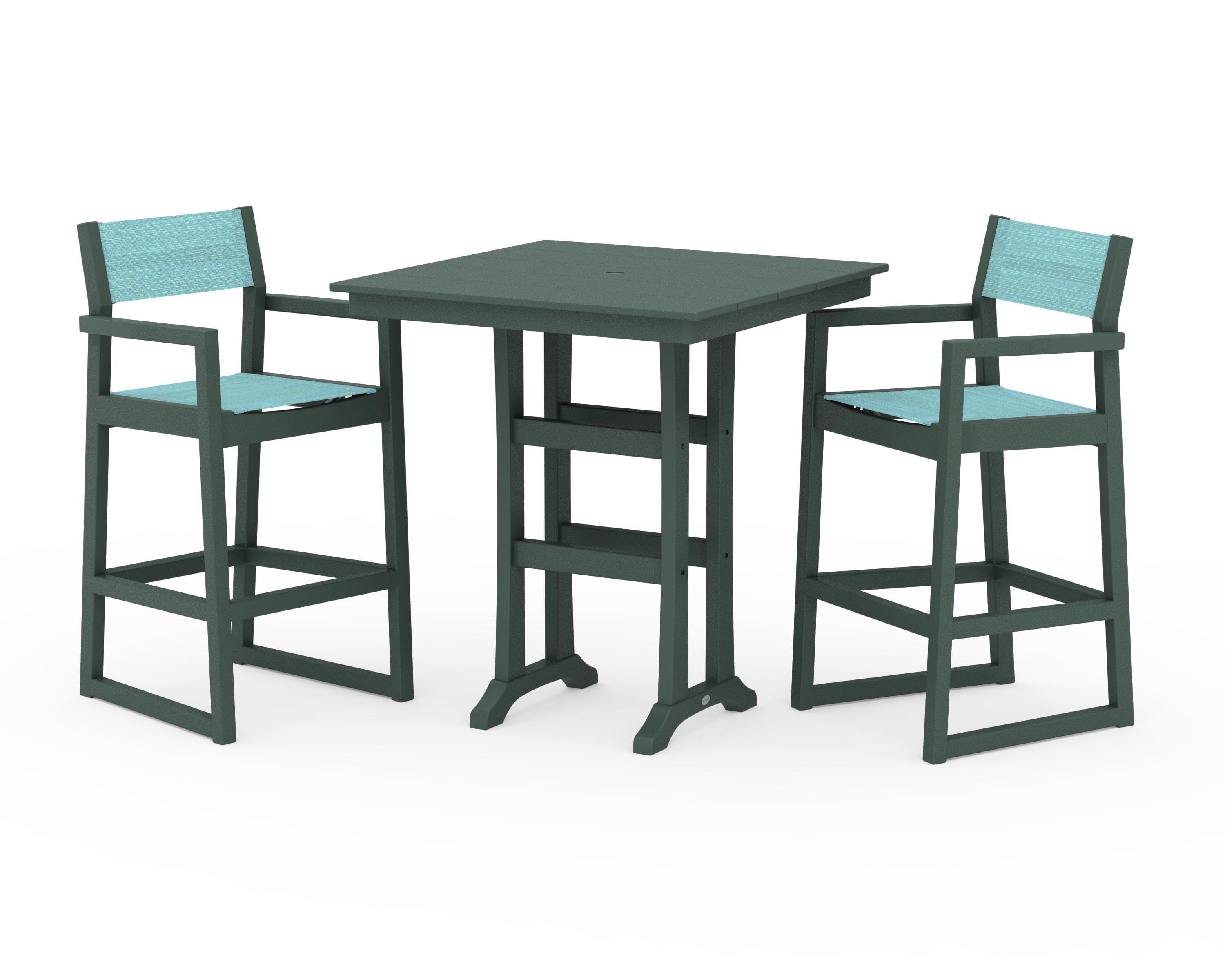 POLYWOOD EDGE Sling Arm Chair 3-Piece Farmhouse Bar Set with Trestle Legs in Green / Dupioni Aquamarine Sling