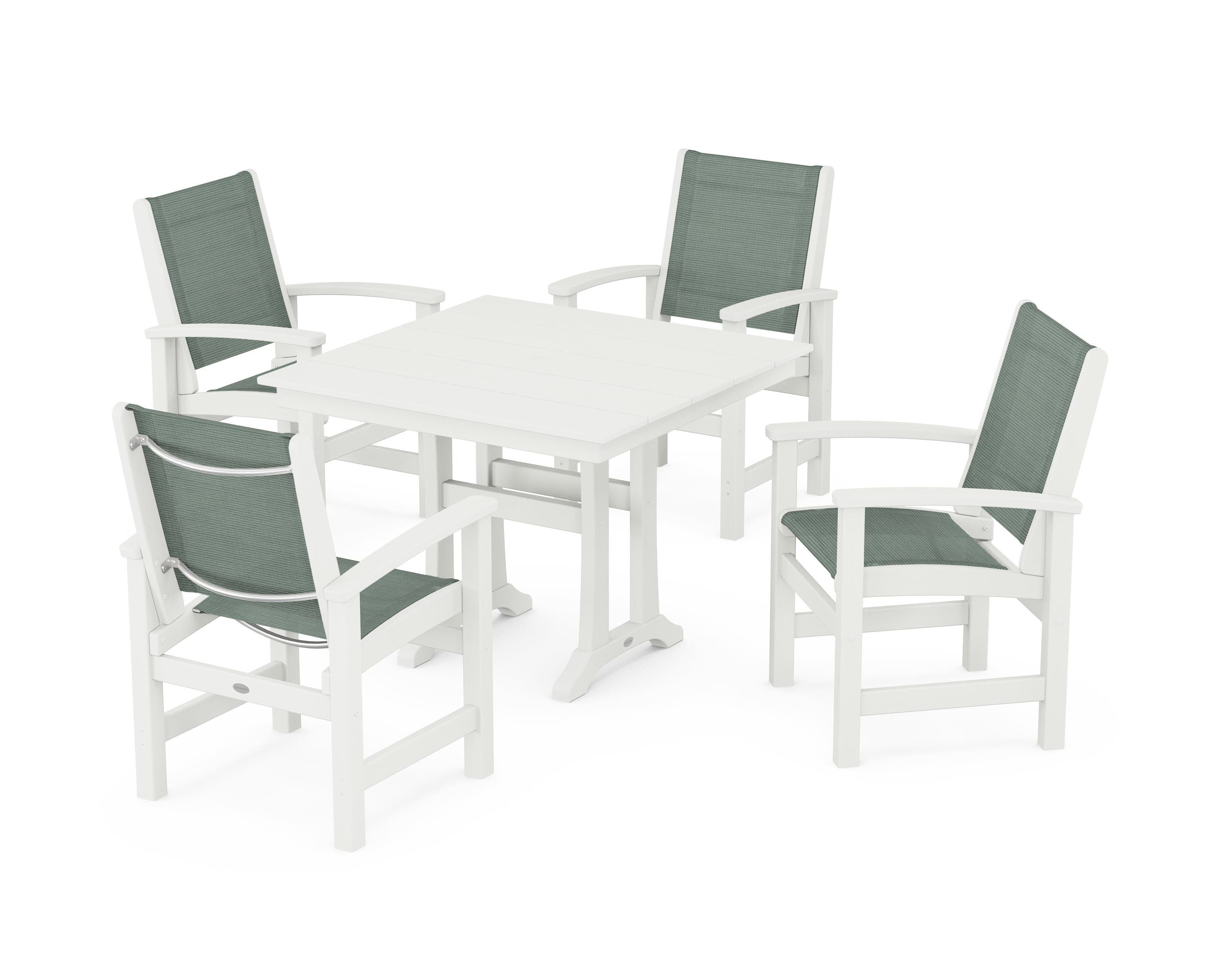 POLYWOOD Coastal 5-Piece Farmhouse Dining Set With Trestle Legs in Vintage White / Dupioni Sea Mist Sling