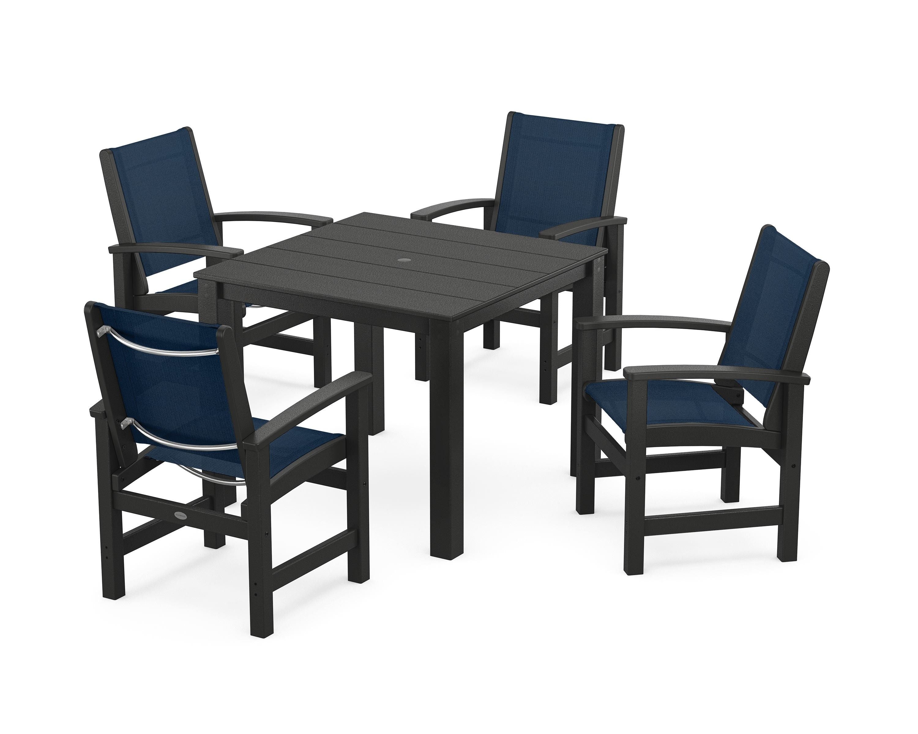 POLYWOOD Coastal 5-Piece Parsons Dining Set in Black / Navy Blue Sling