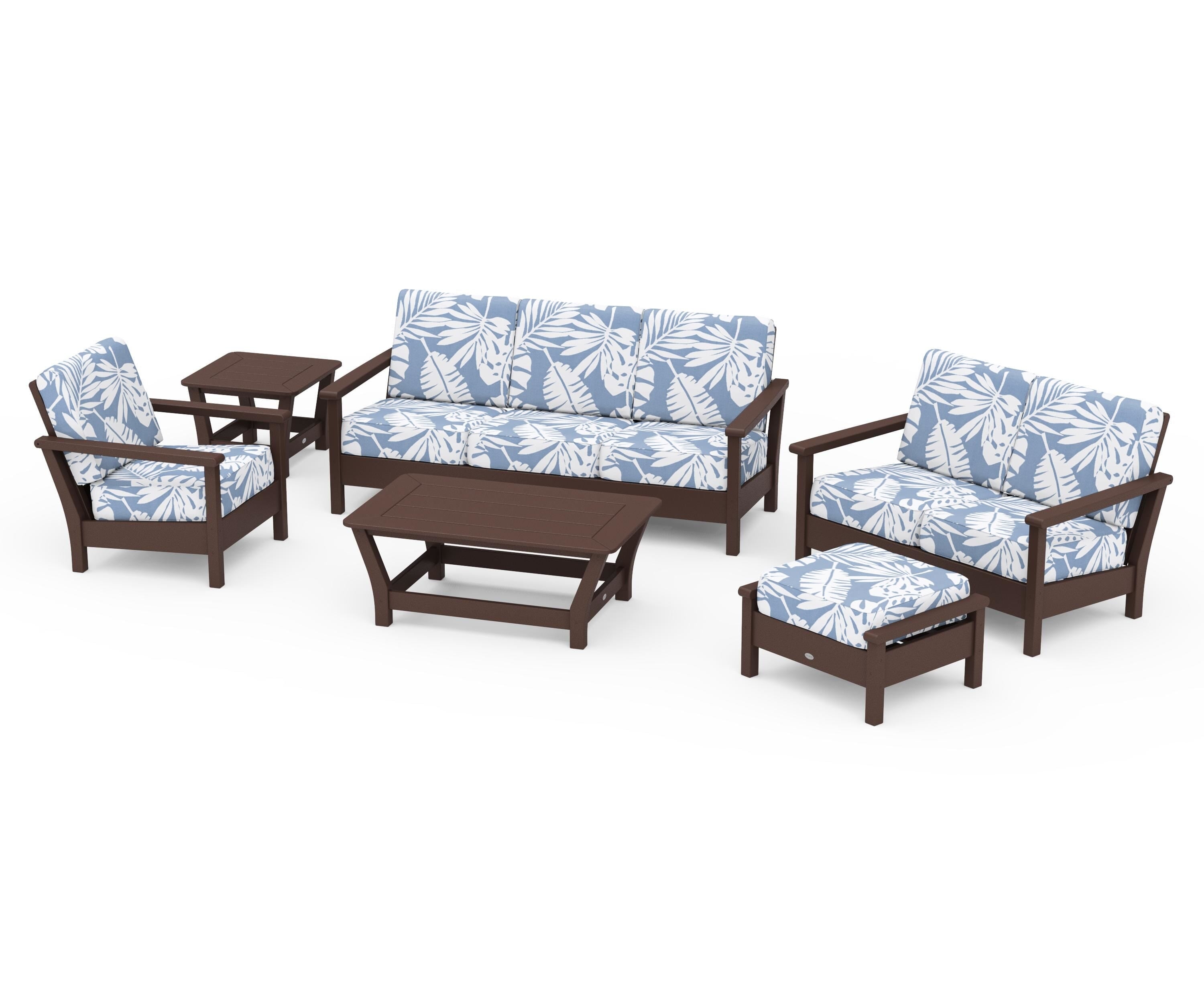 POLYWOOD Harbour 6-Piece Outdoor Living Set in Mahogany / Leaf Sky Blue