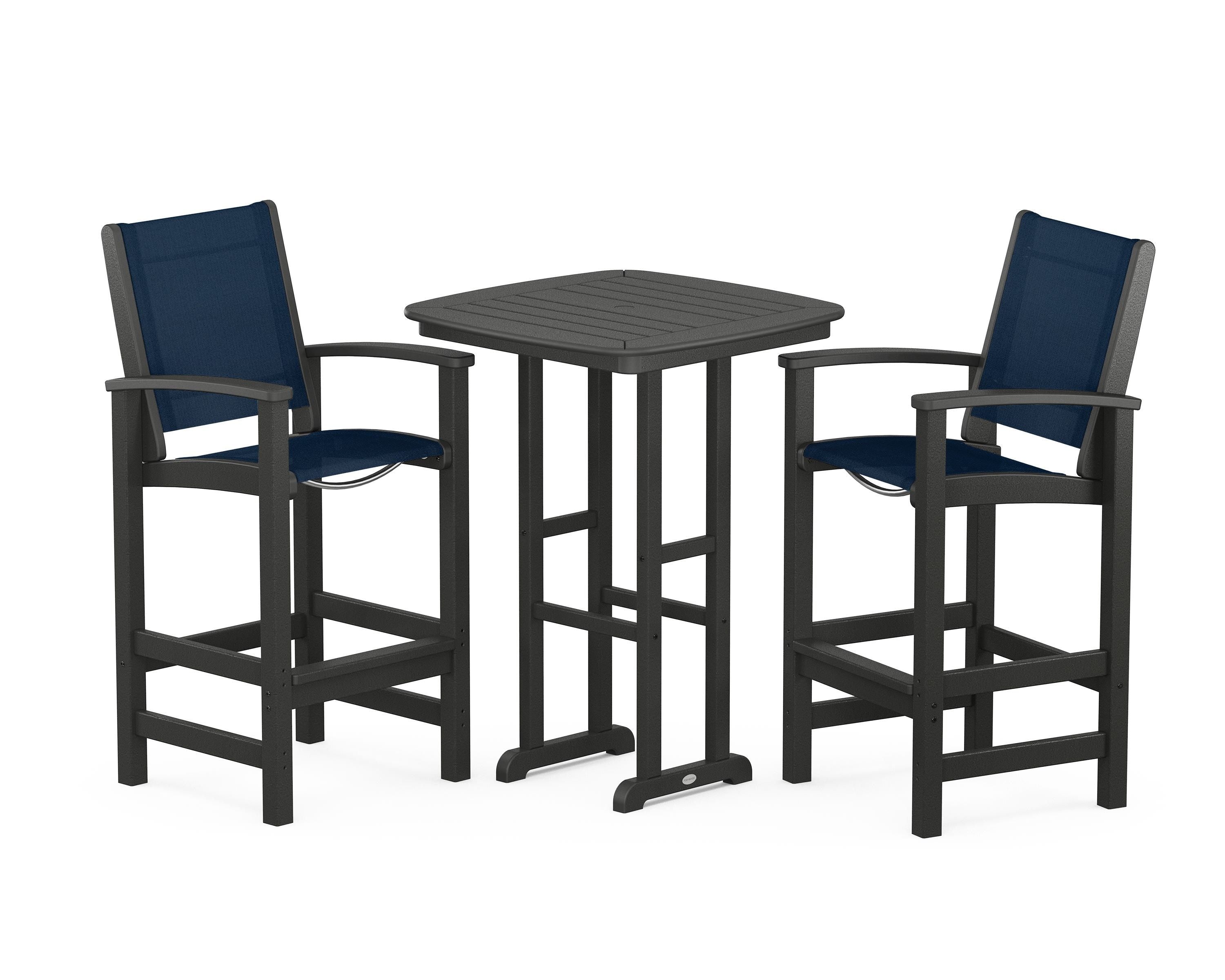 POLYWOOD Coastal 3-Piece Bar Set in Black / Navy Blue Sling
